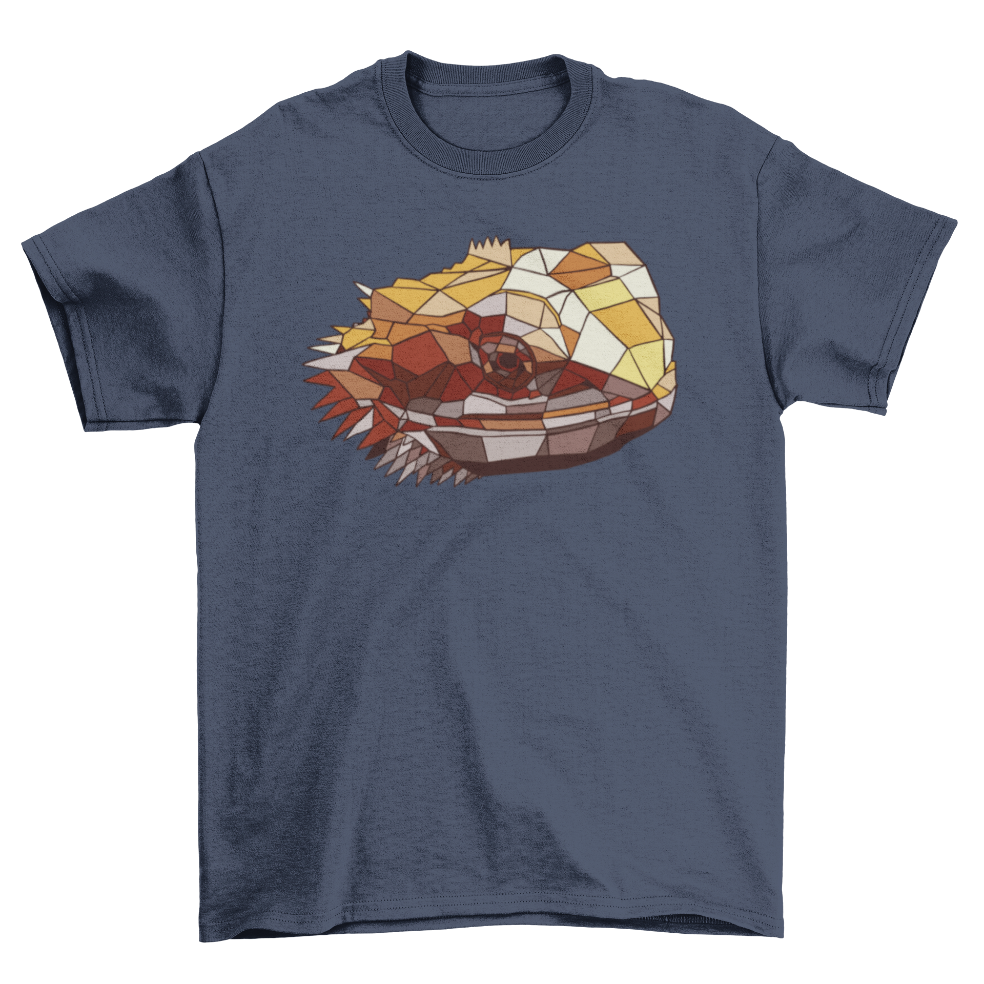 A stylish t-shirt featuring a polygonal design of a bearded dragon's head, showcasing vibrant colors and geometric shapes.