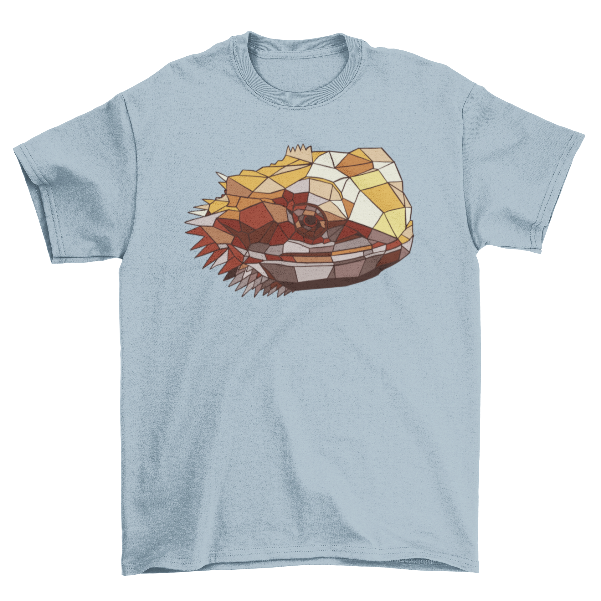 A stylish t-shirt featuring a polygonal design of a bearded dragon's head, showcasing vibrant colors and geometric shapes.