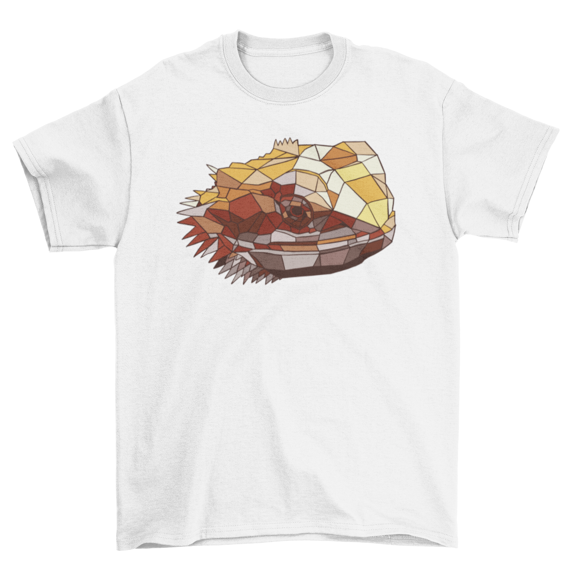 A stylish t-shirt featuring a polygonal design of a bearded dragon's head, showcasing vibrant colors and geometric shapes.