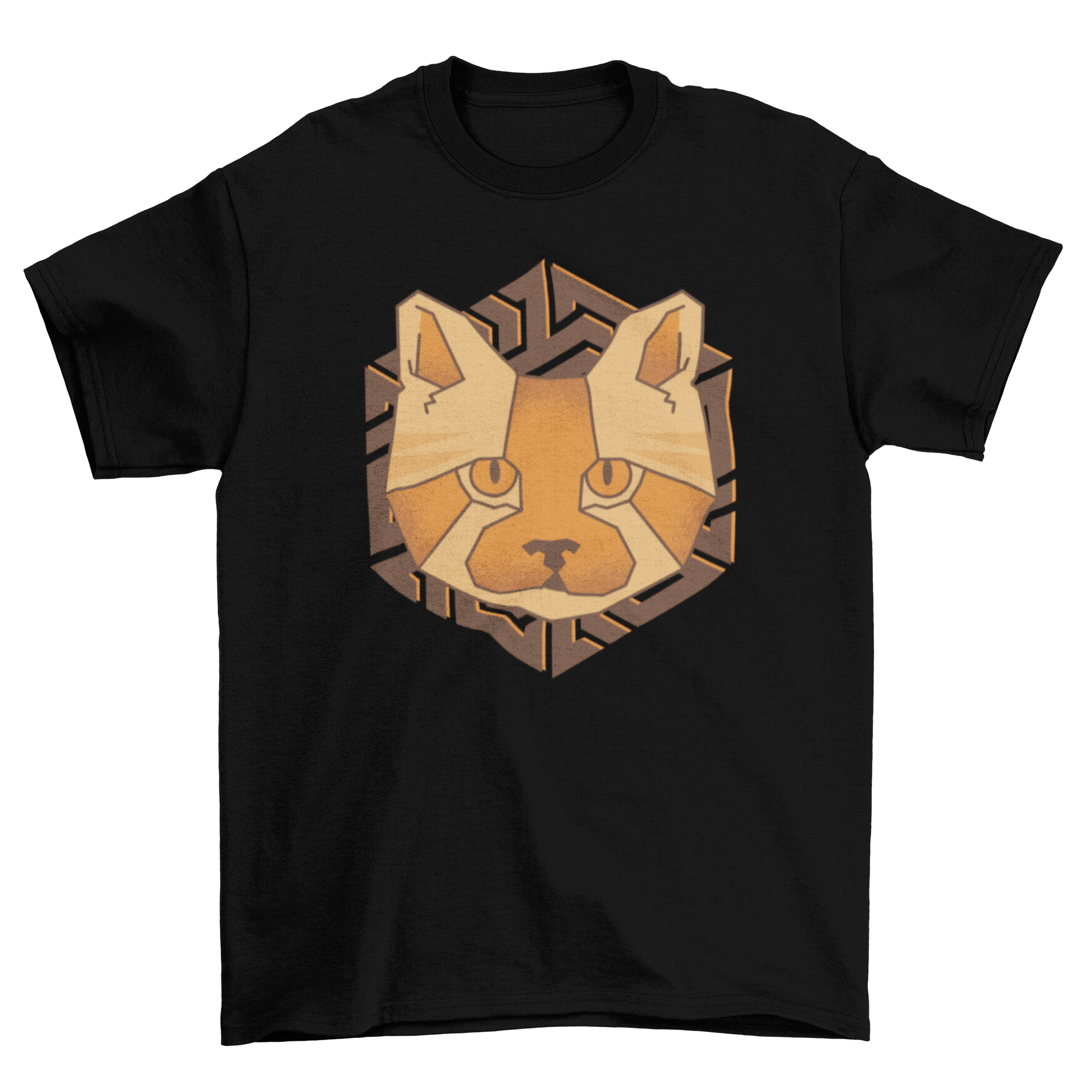 A stylish t-shirt featuring a polygonal design of a cat's face, showcasing vibrant colors and modern art style.