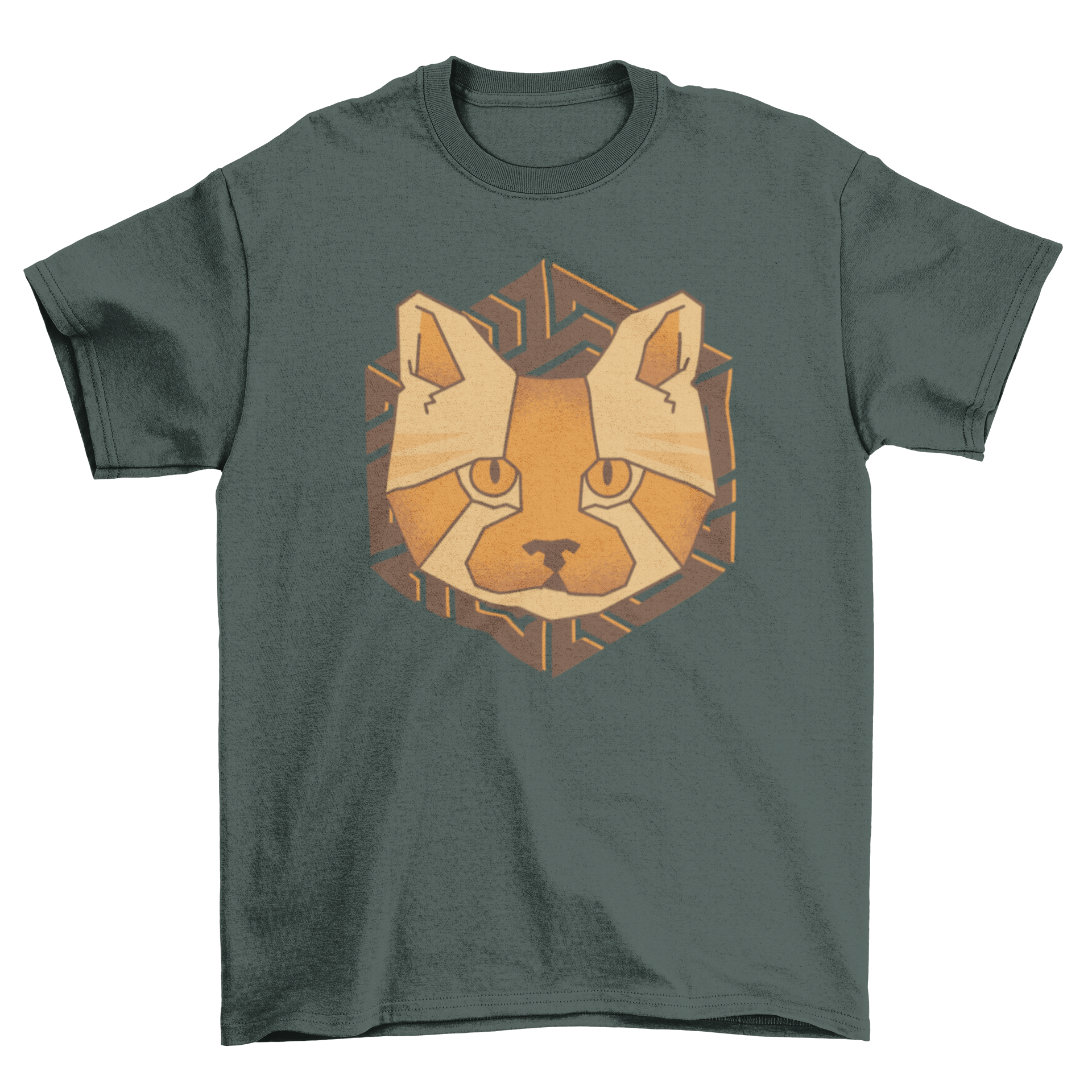 A stylish t-shirt featuring a polygonal design of a cat's face, showcasing vibrant colors and modern art style.