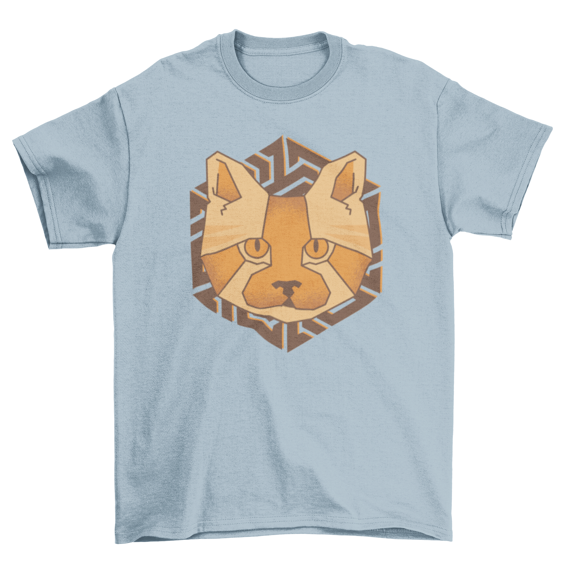 A stylish t-shirt featuring a polygonal design of a cat's face, showcasing vibrant colors and modern art style.