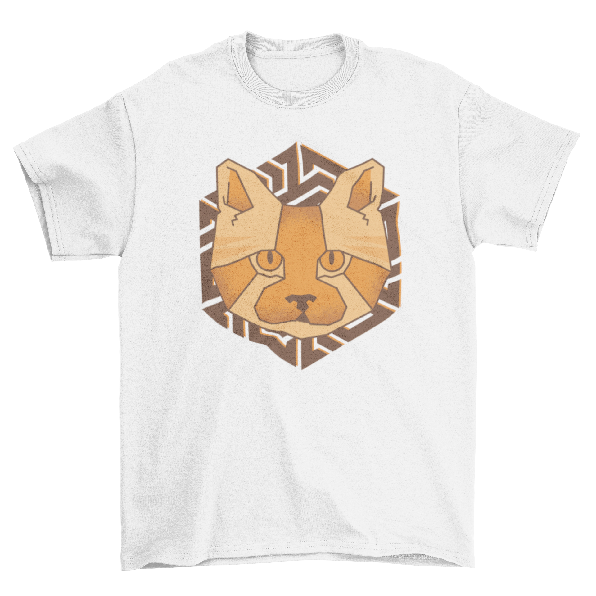 A stylish t-shirt featuring a polygonal design of a cat's face, showcasing vibrant colors and modern art style.