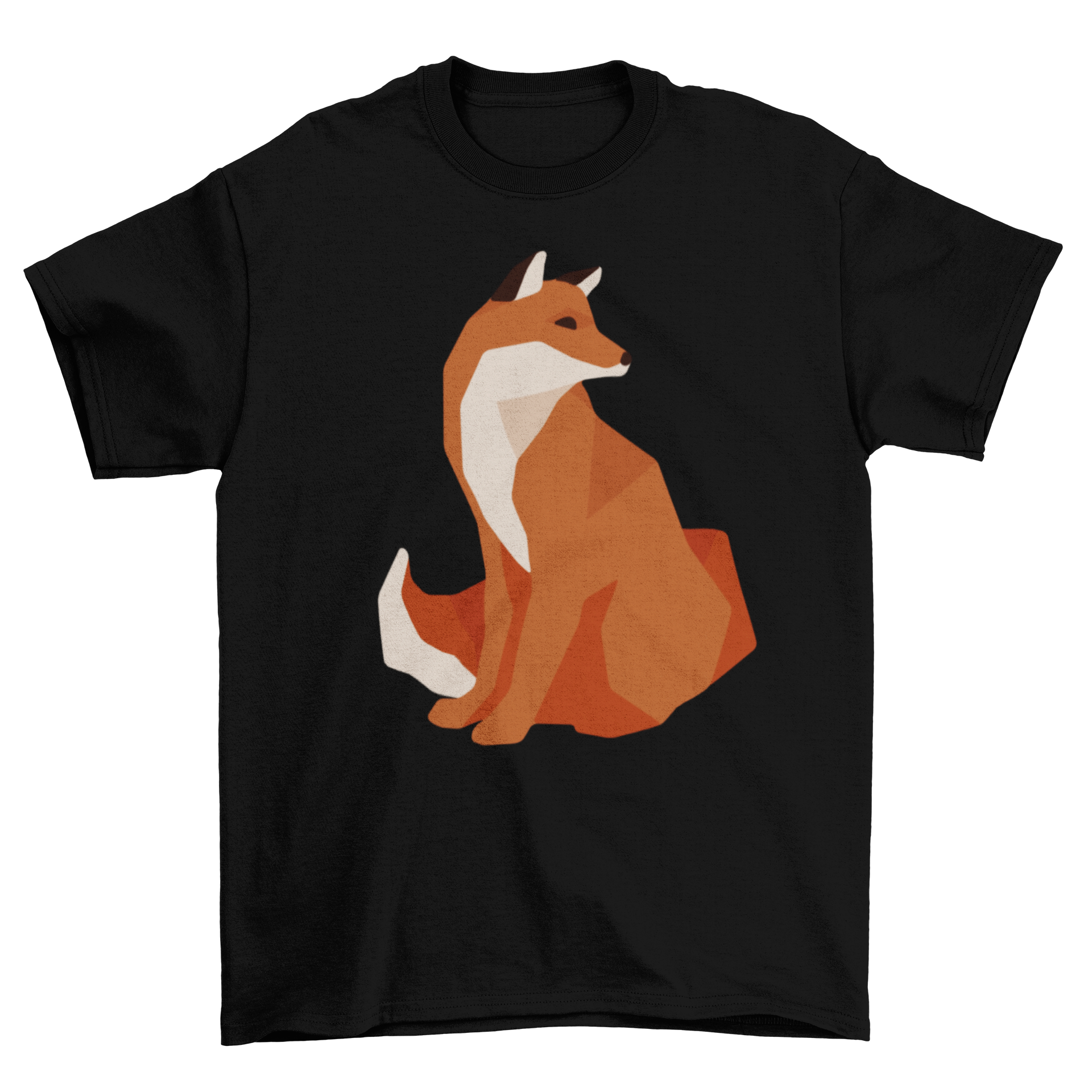 A stylish t-shirt featuring a polygonal illustration of a fox, showcasing vibrant colors and modern design.