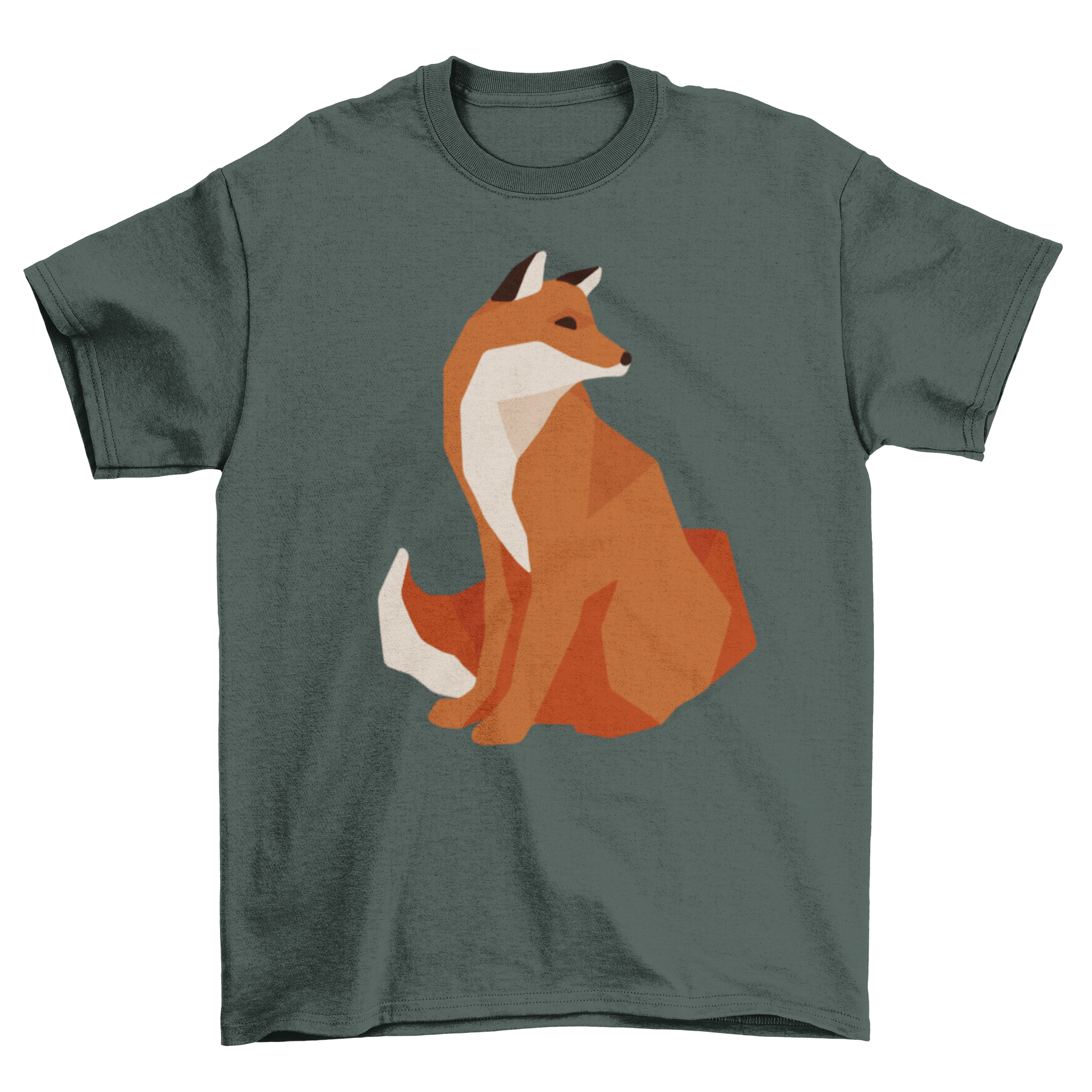 A stylish t-shirt featuring a polygonal illustration of a fox, showcasing vibrant colors and modern design.