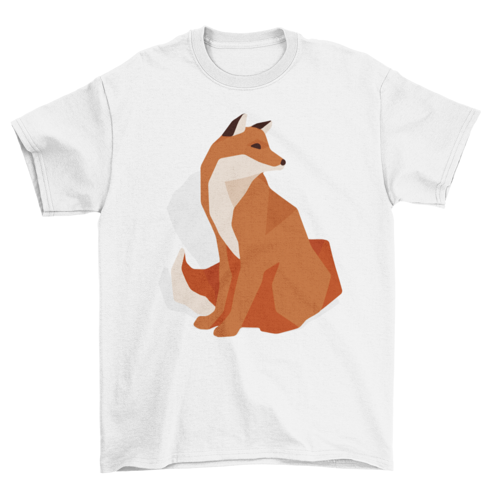 A stylish t-shirt featuring a polygonal illustration of a fox, showcasing vibrant colors and modern design.