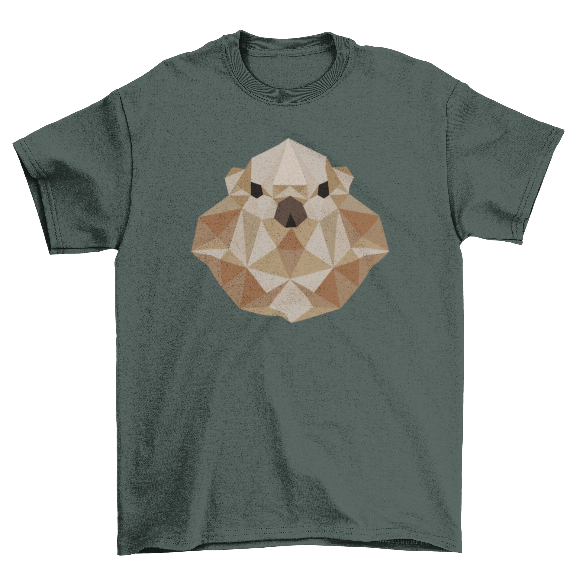 A stylish t-shirt featuring a unique polygonal otter illustration in vibrant colors.