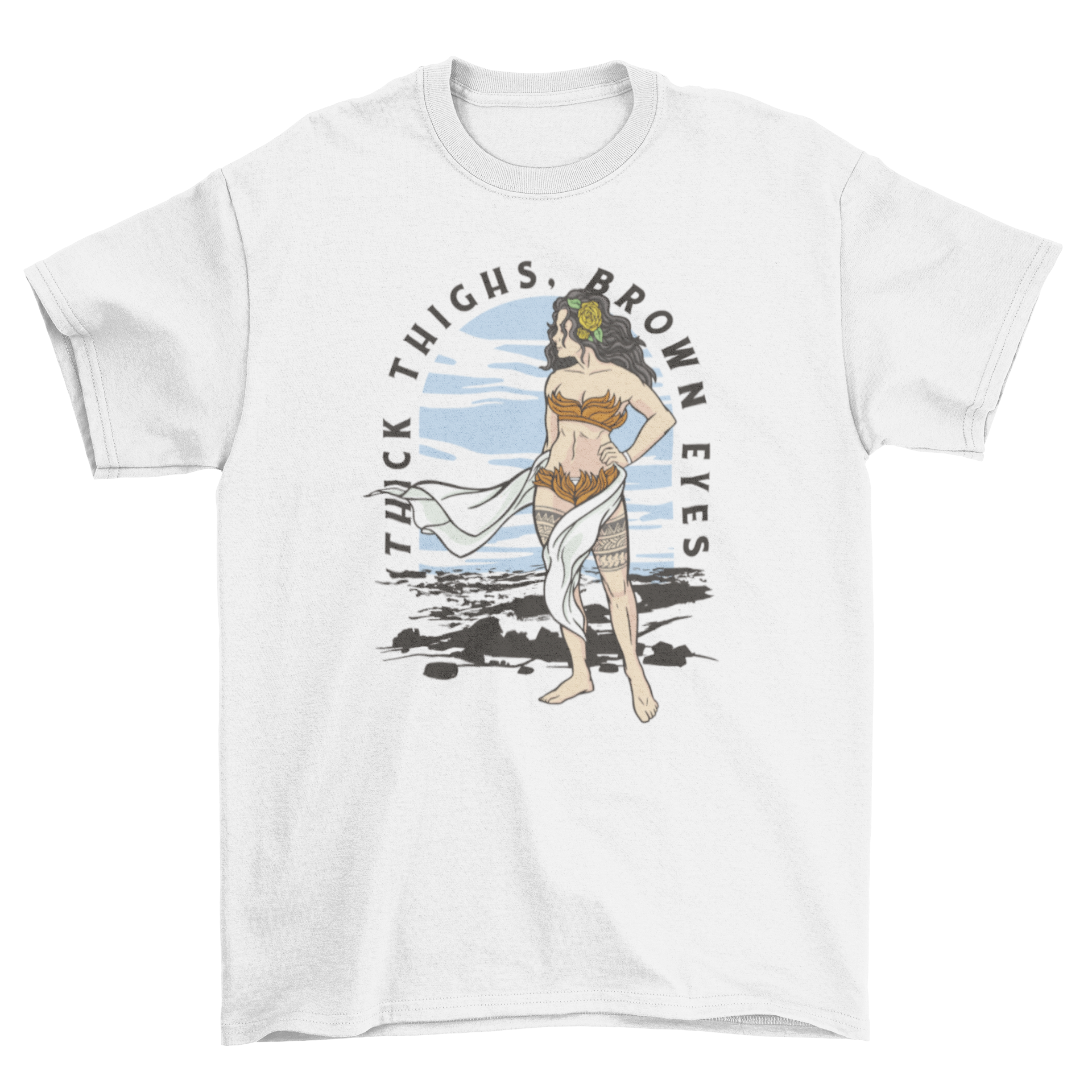 A stylish t-shirt featuring a Polynesian woman design with the quote 'Thick thighs brown eyes'.