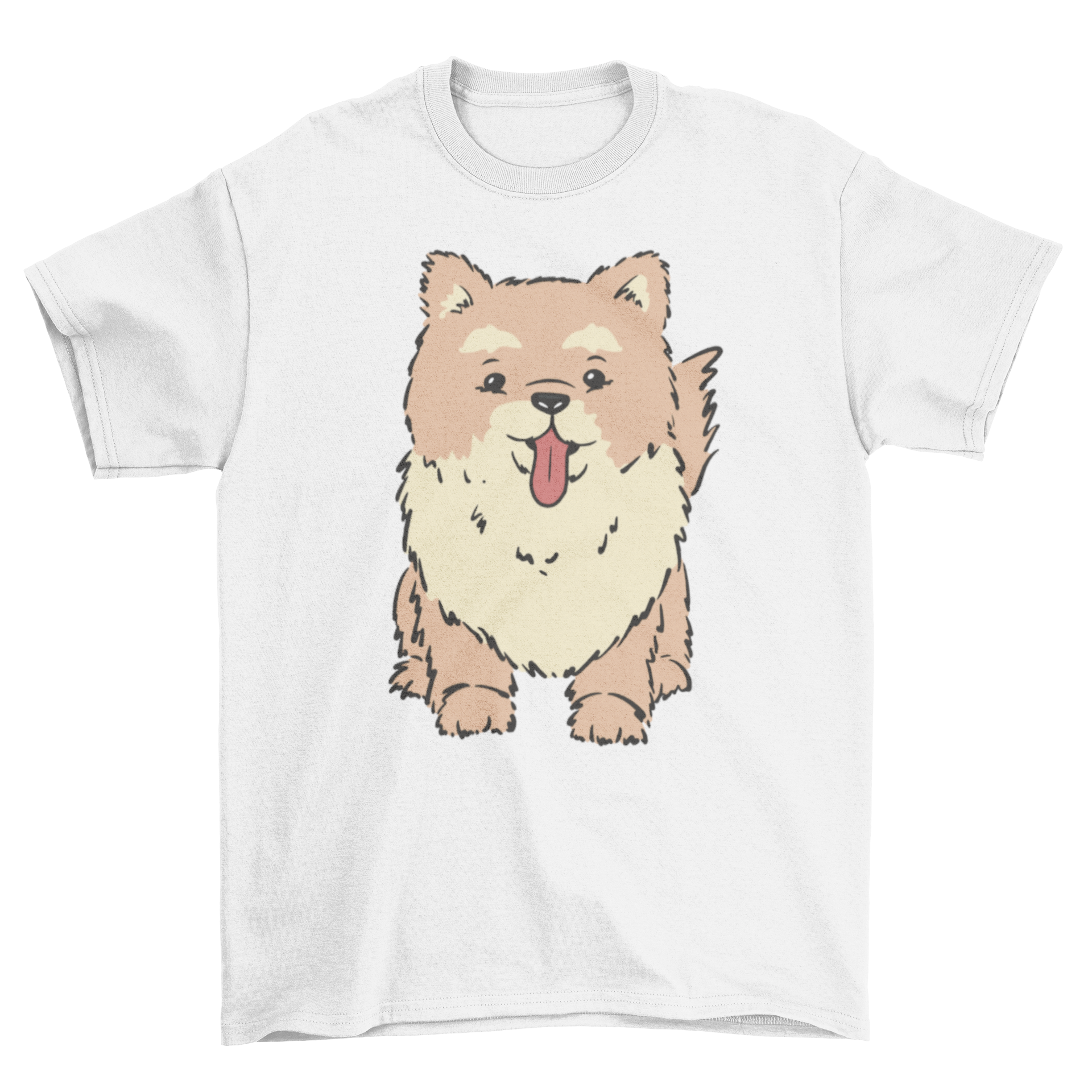 A cute t-shirt featuring an adorable Pomeranian dog design, perfect for dog lovers.