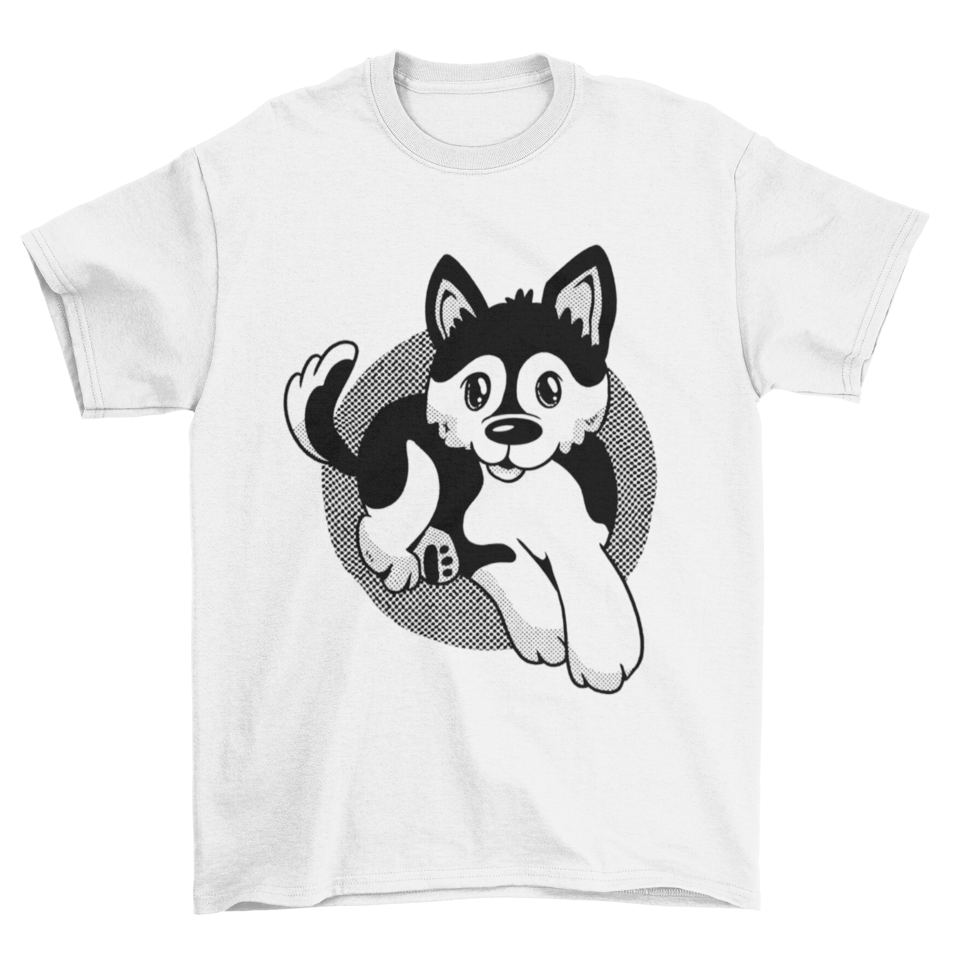 A cute Pomsky dog t-shirt featuring an illustration of a Pomeranian and Husky mix, perfect for dog lovers.