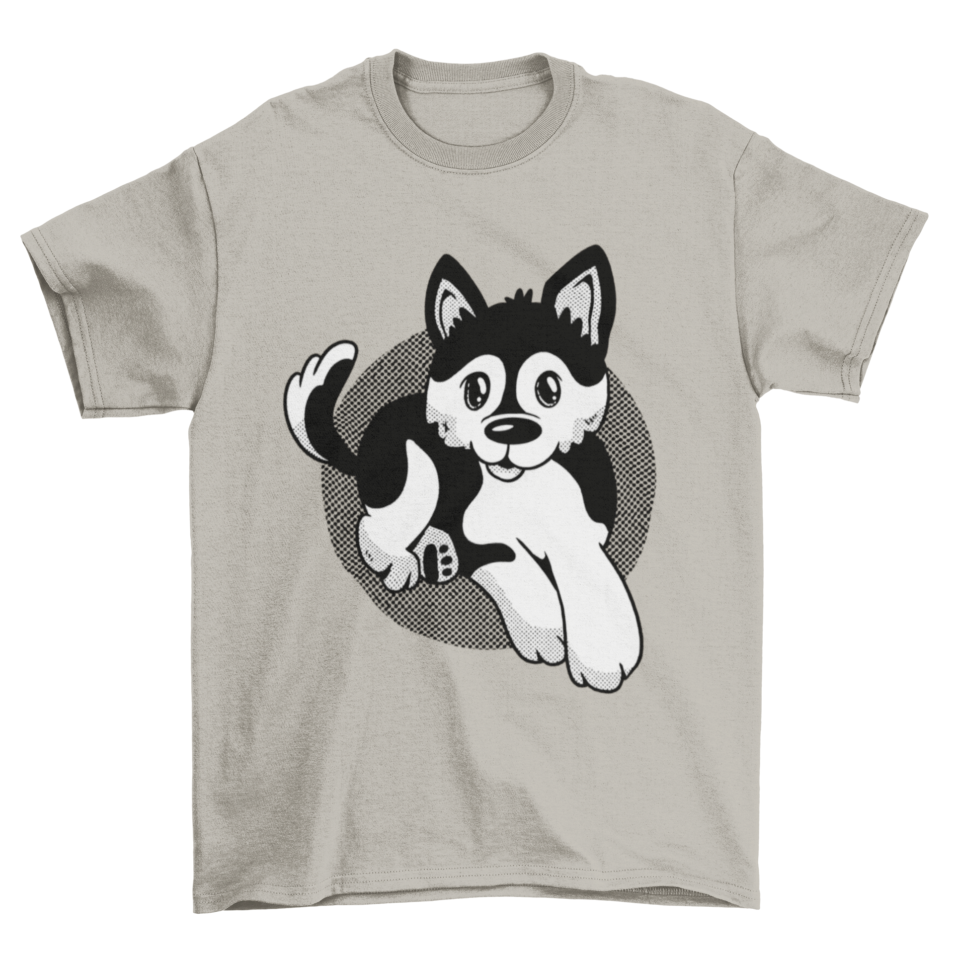 A cute Pomsky dog t-shirt featuring an illustration of a Pomeranian and Husky mix, perfect for dog lovers.