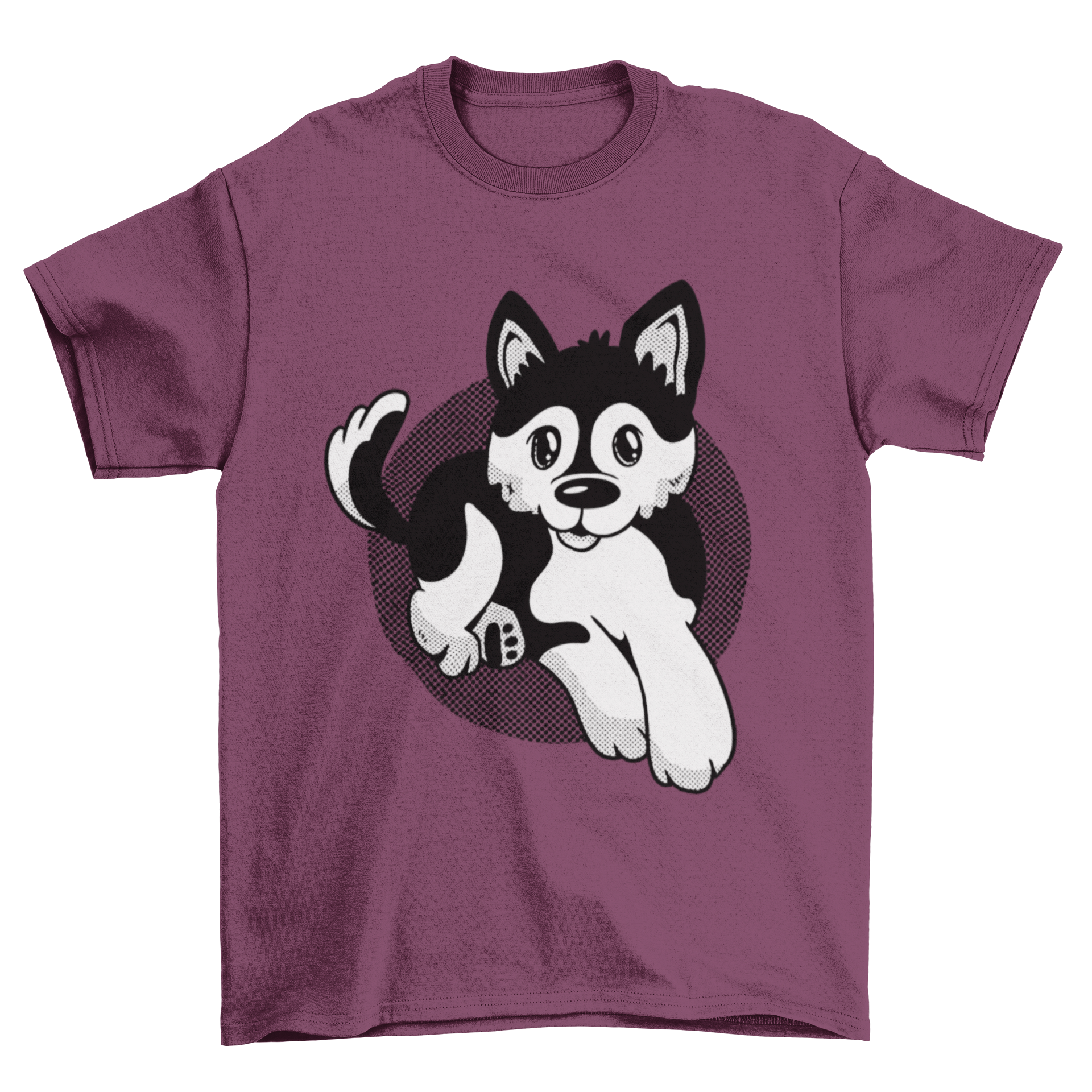 A cute Pomsky dog t-shirt featuring an illustration of a Pomeranian and Husky mix, perfect for dog lovers.