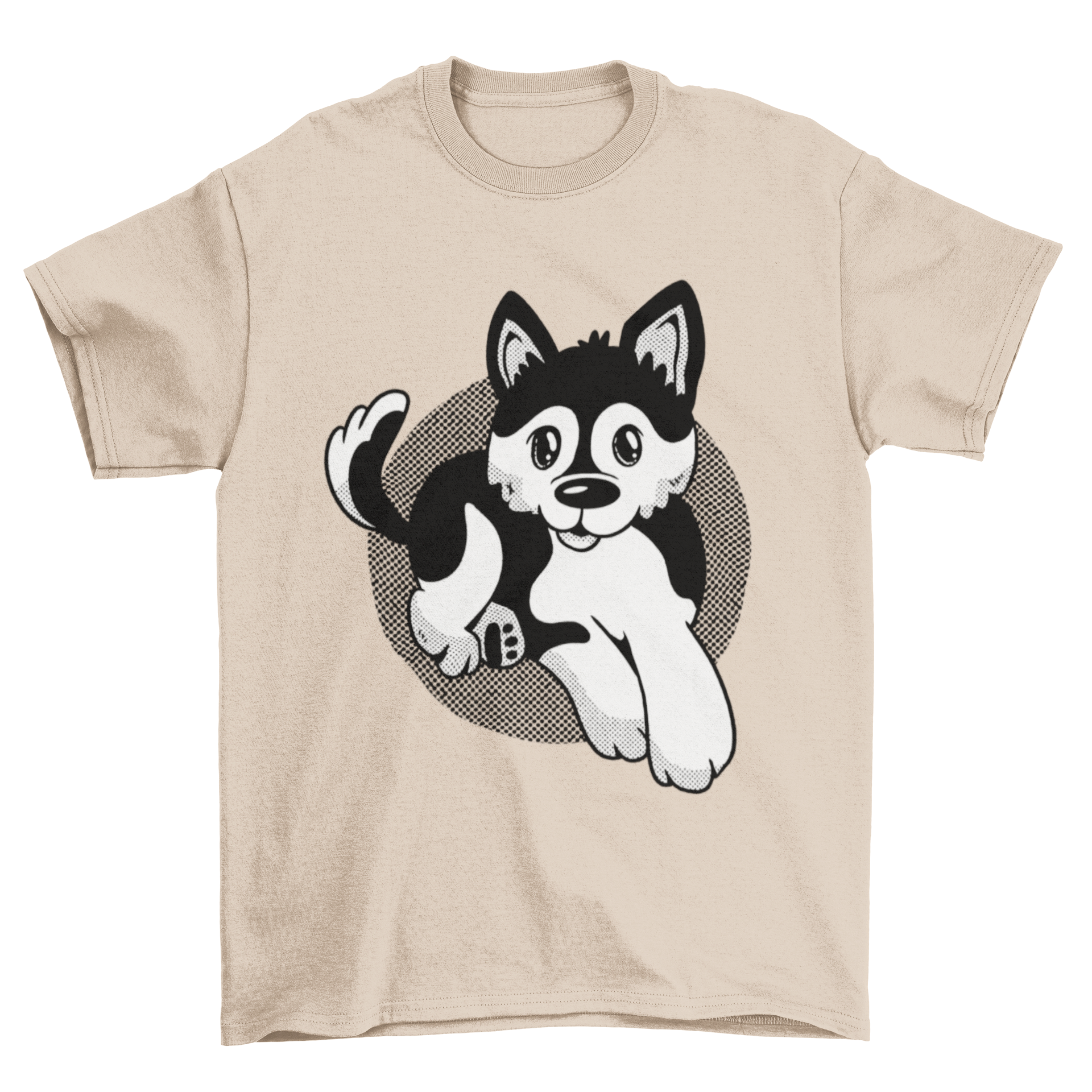 A cute Pomsky dog t-shirt featuring an illustration of a Pomeranian and Husky mix, perfect for dog lovers.