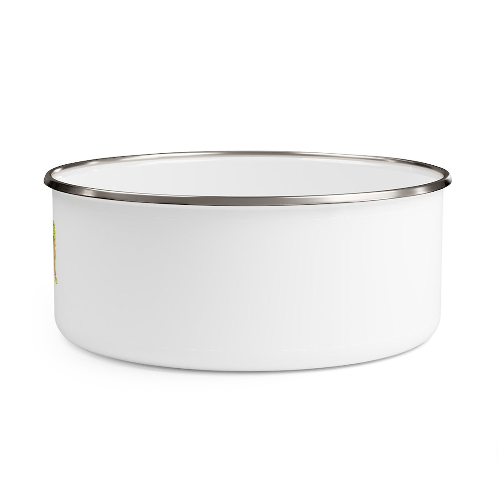 Stylish Pon-Pon Enamel Bowl made of stainless steel with a translucent lid, showcasing a customizable print design.