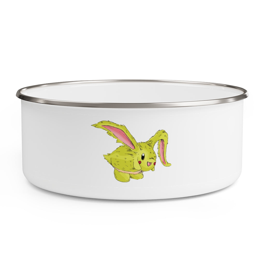 Stylish Pon-Pon Enamel Bowl made of stainless steel with a translucent lid, showcasing a customizable print design.