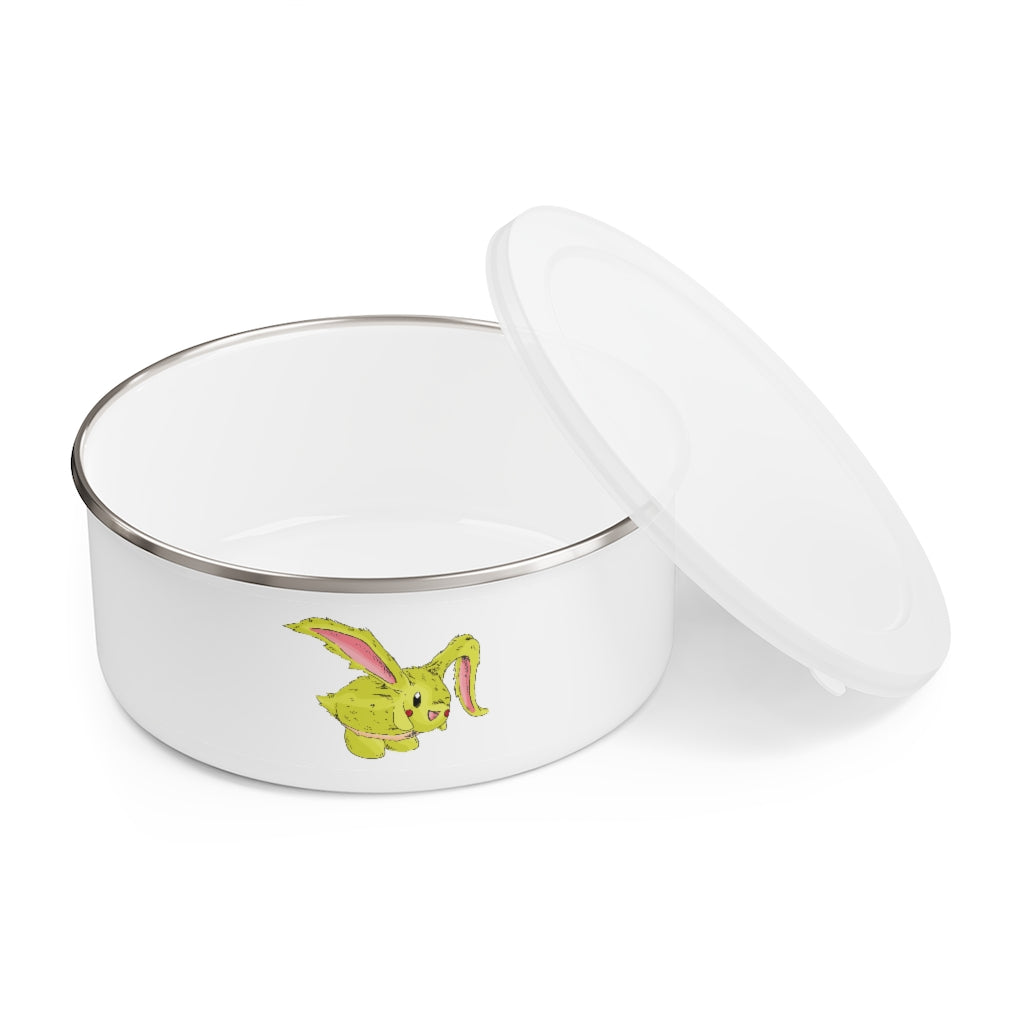 Stylish Pon-Pon Enamel Bowl made of stainless steel with a translucent lid, showcasing a customizable print design.