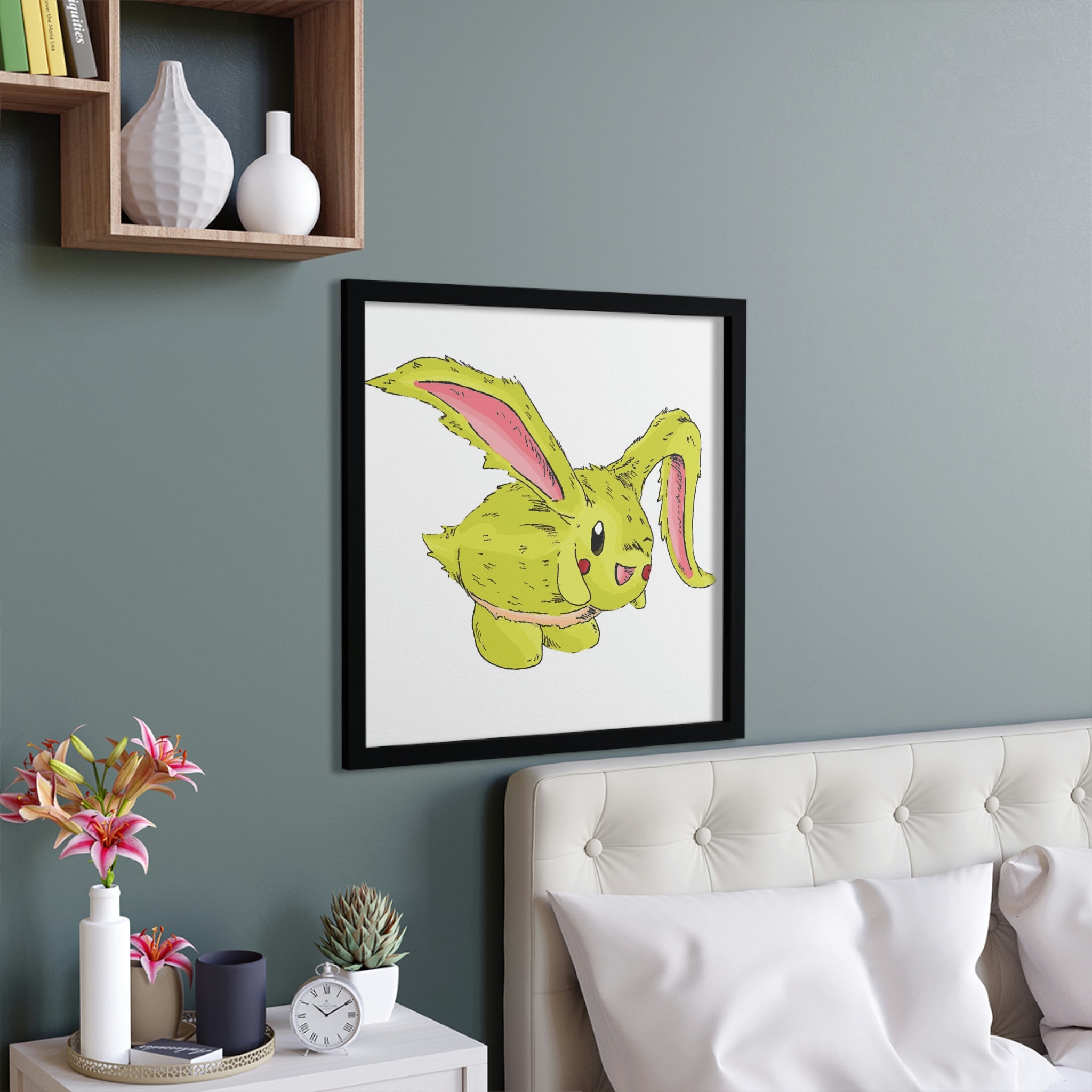 Pon-Pon Framed Poster featuring a hand-crafted wooden frame and vibrant print, perfect for home decor.