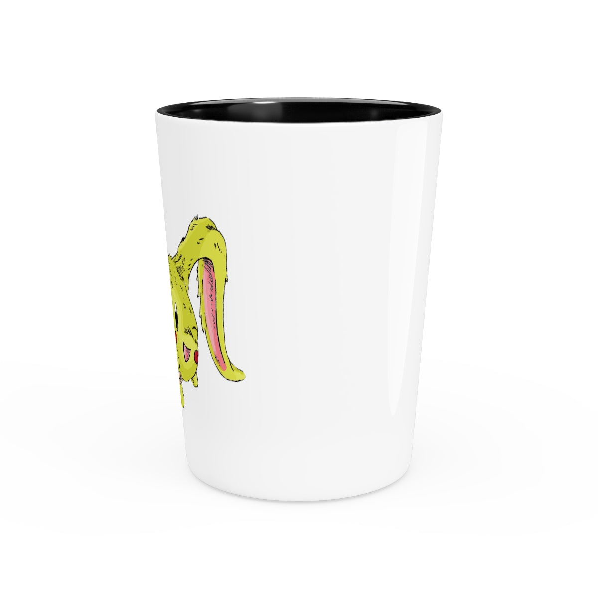 A personalized Pon-Pon Shot Glass made of white ceramic with a customizable design, featuring a black interior.