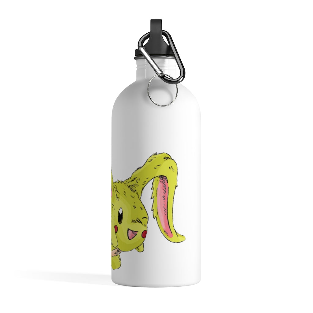 Pon-Pon Stainless Steel Water Bottle with vibrant print and plastic screw top, featuring a carabiner and keychain ring.