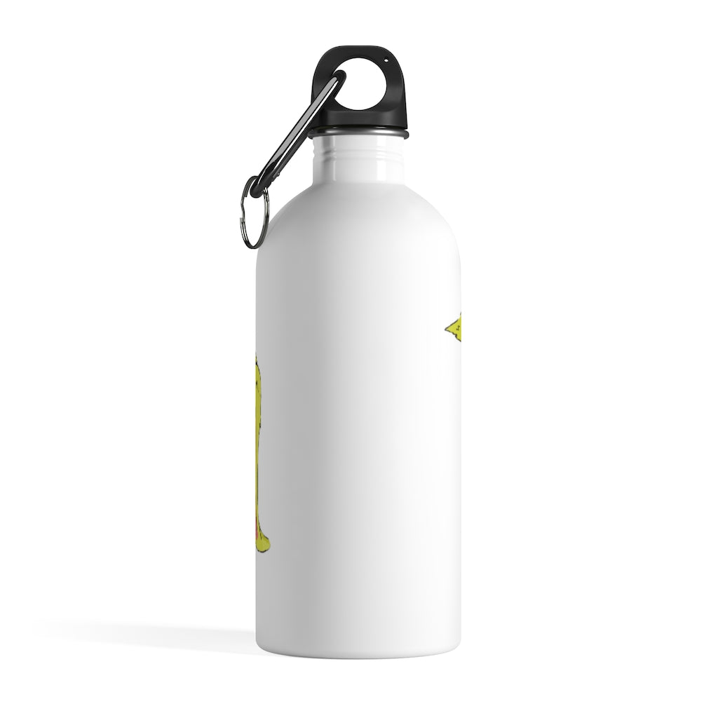 Pon-Pon Stainless Steel Water Bottle with vibrant print and plastic screw top, featuring a carabiner and keychain ring.