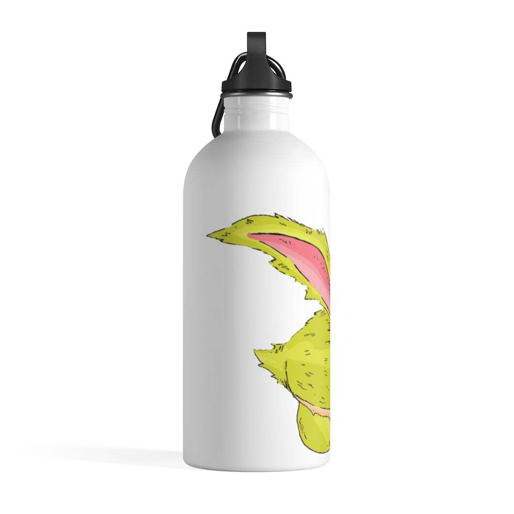 Pon-Pon Stainless Steel Water Bottle with vibrant print and plastic screw top, featuring a carabiner and keychain ring.