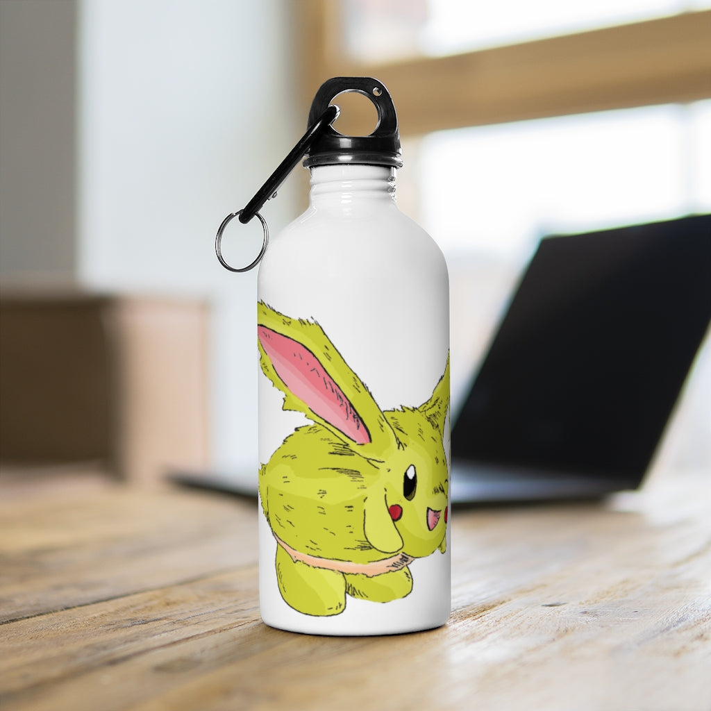 Pon-Pon Stainless Steel Water Bottle with vibrant print and plastic screw top, featuring a carabiner and keychain ring.