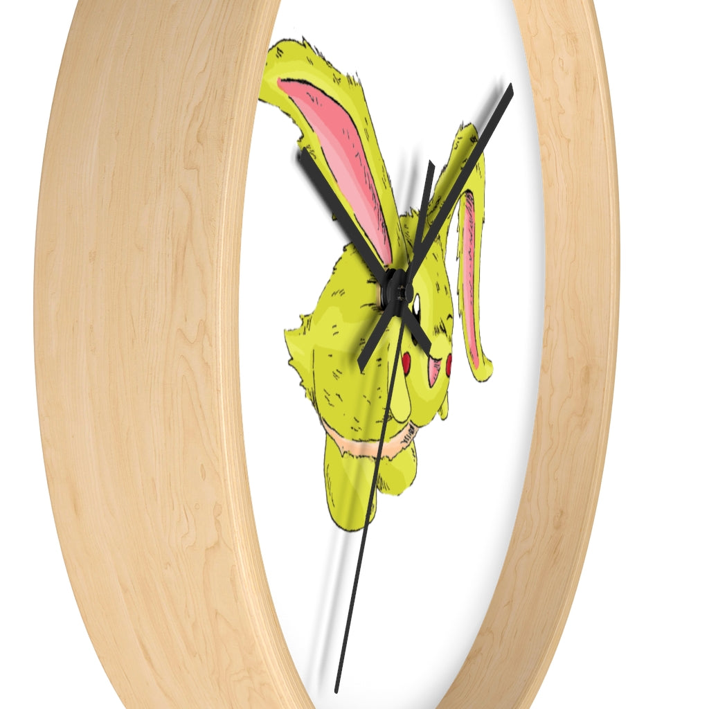 Pon-Pon Wall Clock featuring a wooden frame and clear plexiglass face, designed for indoor use with a silent mechanism.