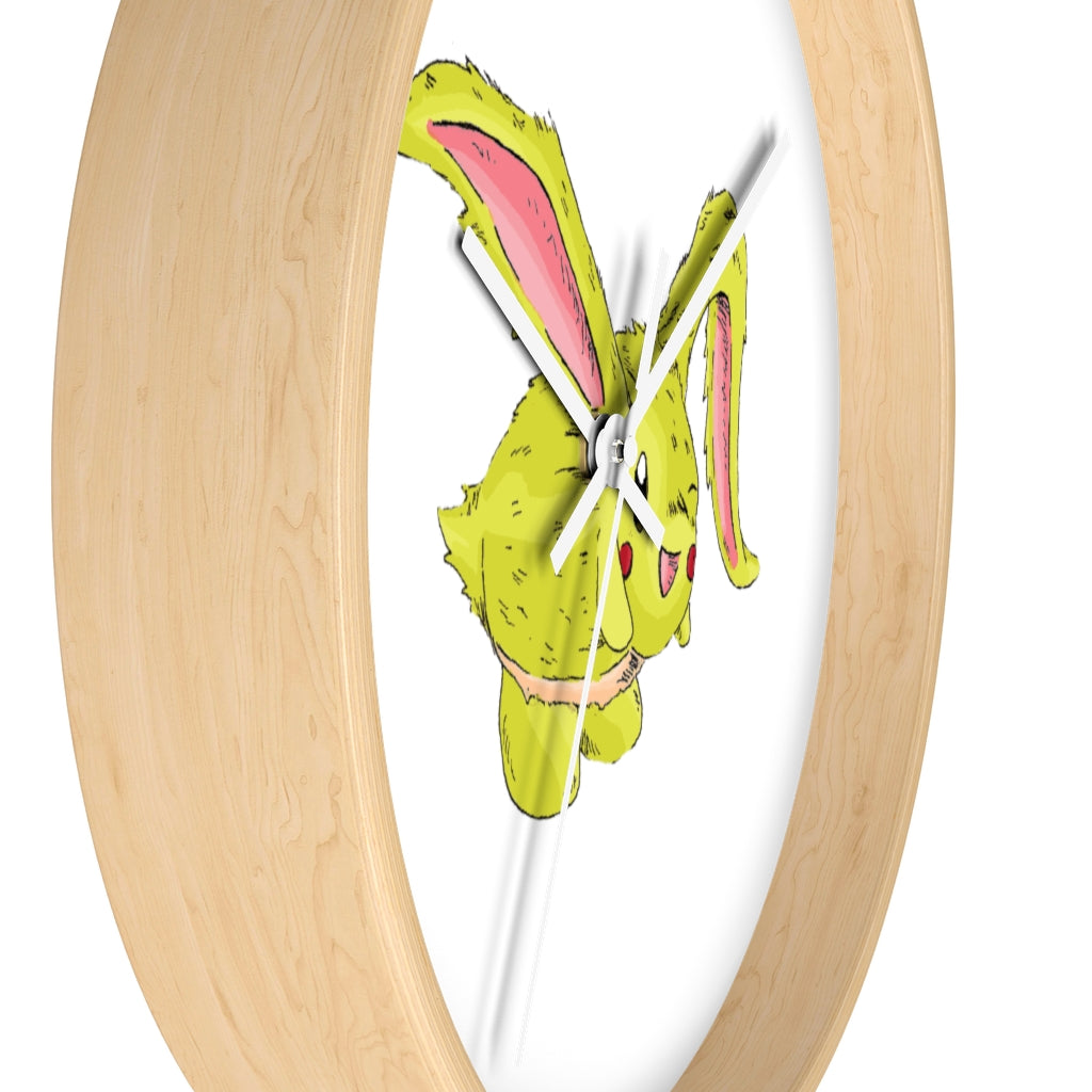 Pon-Pon Wall Clock featuring a wooden frame and clear plexiglass face, designed for indoor use with a silent mechanism.