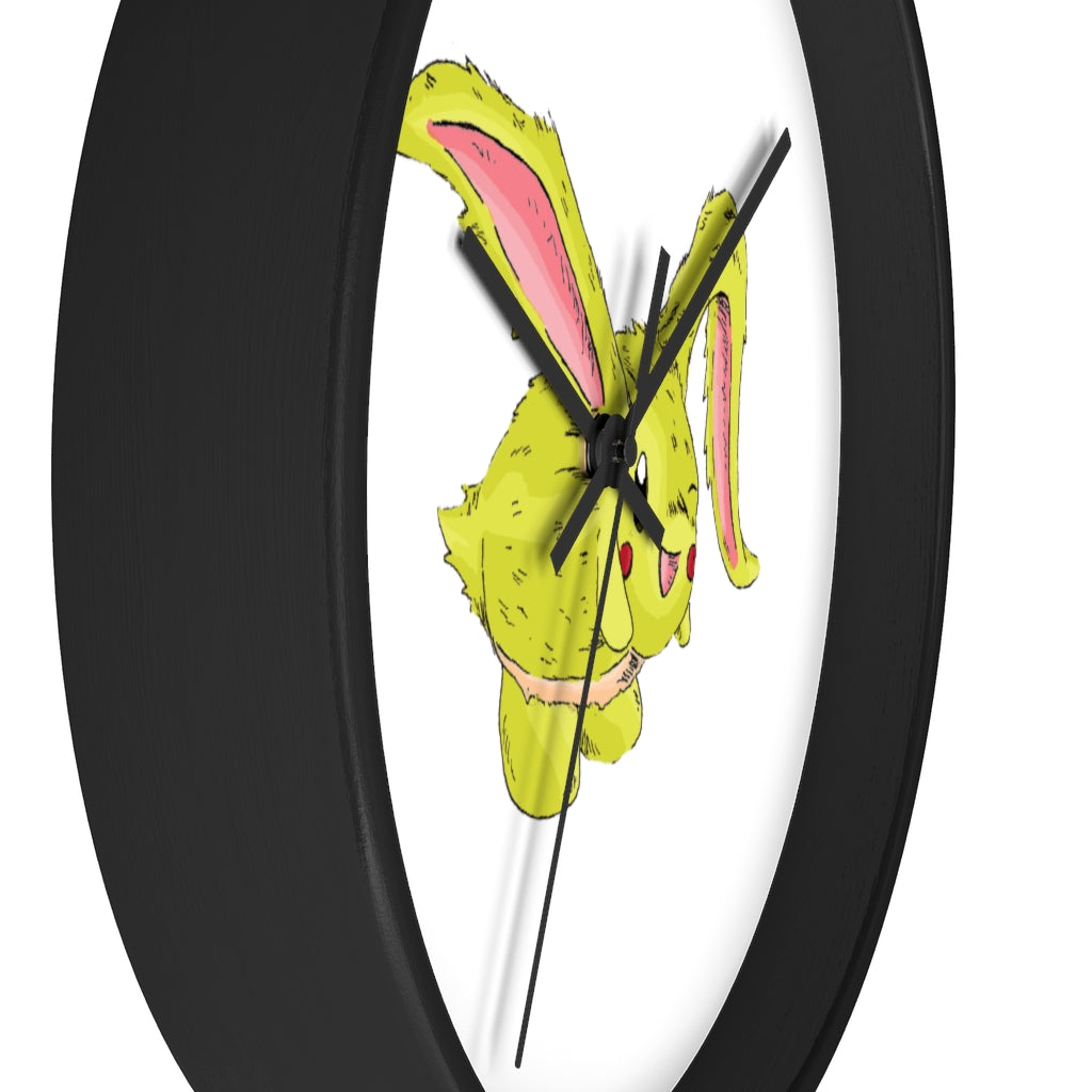 Pon-Pon Wall Clock featuring a wooden frame and clear plexiglass face, designed for indoor use with a silent mechanism.