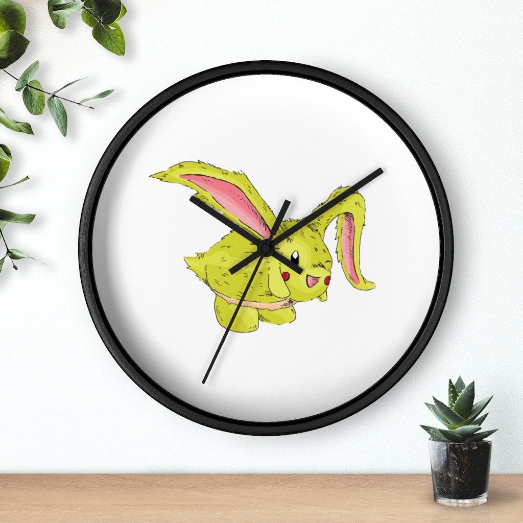 Pon-Pon Wall Clock featuring a wooden frame and clear plexiglass face, designed for indoor use with a silent mechanism.