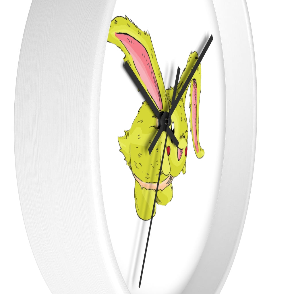 Pon-Pon Wall Clock featuring a wooden frame and clear plexiglass face, designed for indoor use with a silent mechanism.