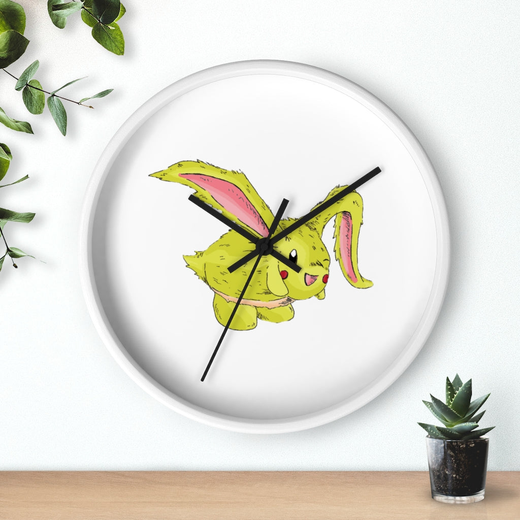 Pon-Pon Wall Clock featuring a wooden frame and clear plexiglass face, designed for indoor use with a silent mechanism.