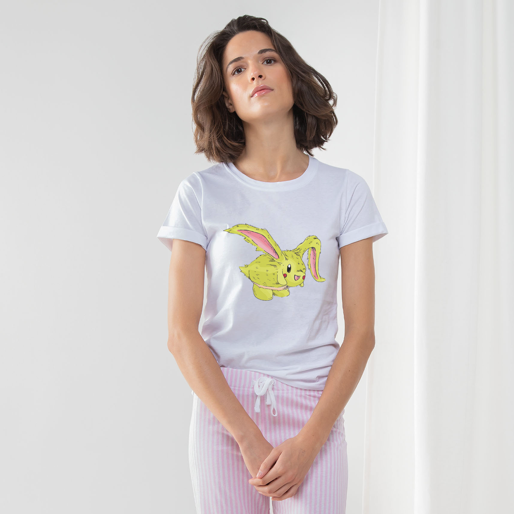 Pon-Pon Women's Long Pant Pyjama Set featuring a white t-shirt, striped pants, and matching drawcord bag in heather grey and light pink.