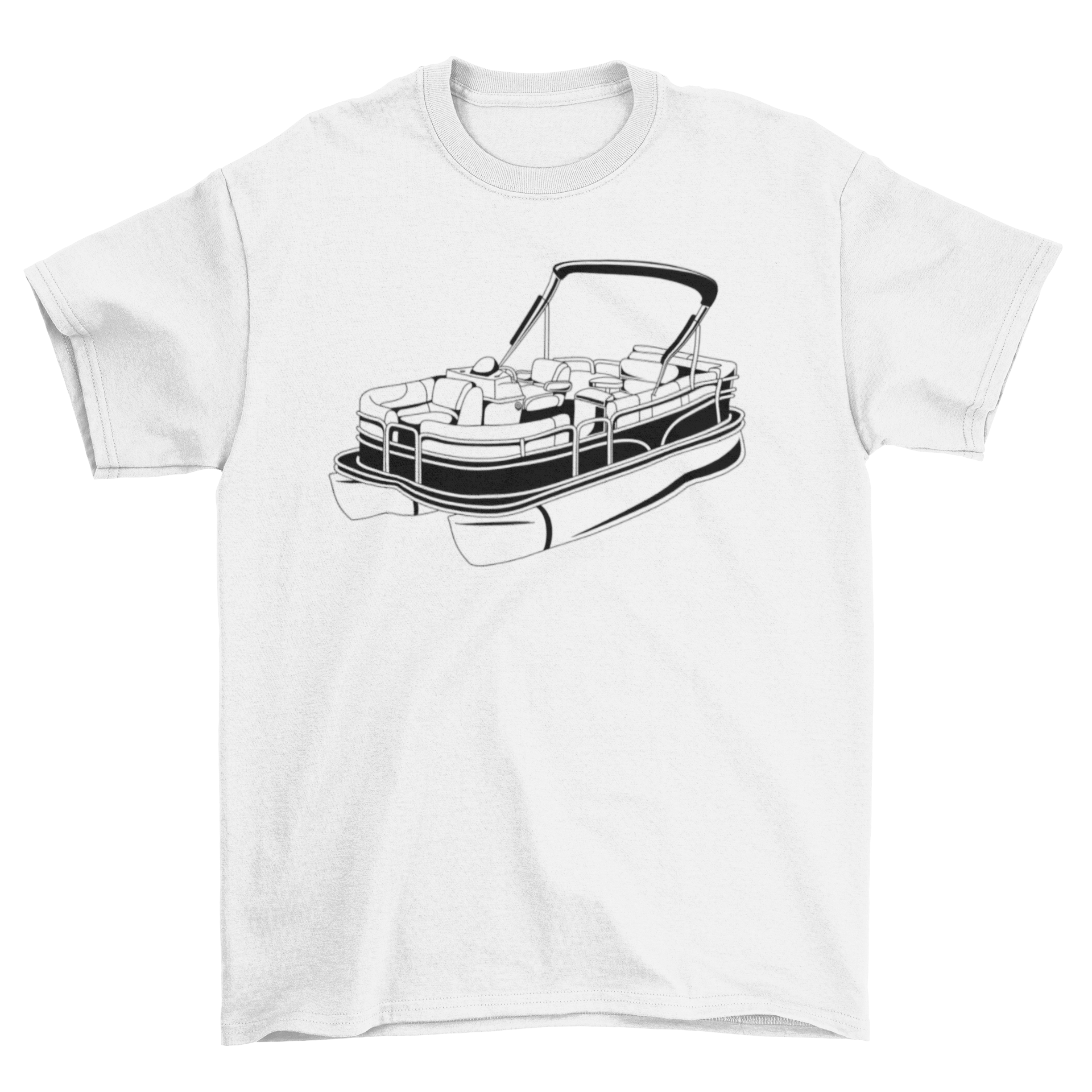 A stylish T-shirt featuring a vibrant pontoon boat design, perfect for boating enthusiasts.