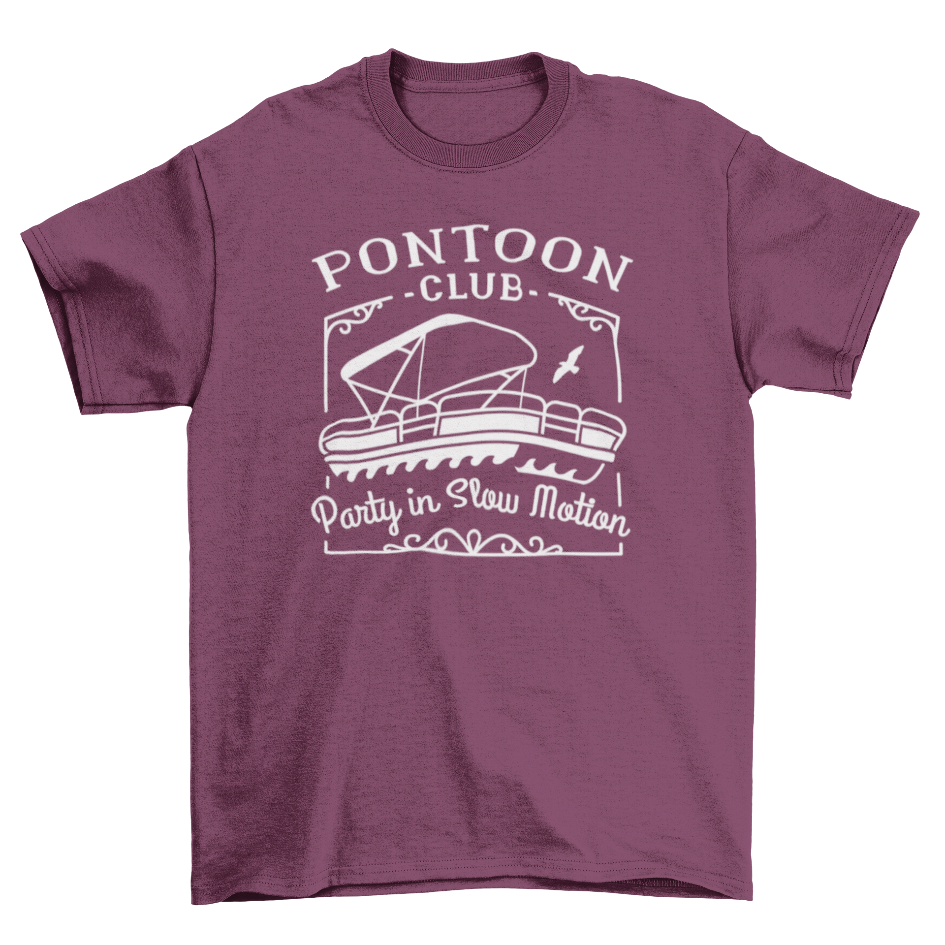 A vibrant t-shirt design featuring a boat and the quote 'Pontoon club party in slow motion', perfect for boating enthusiasts.