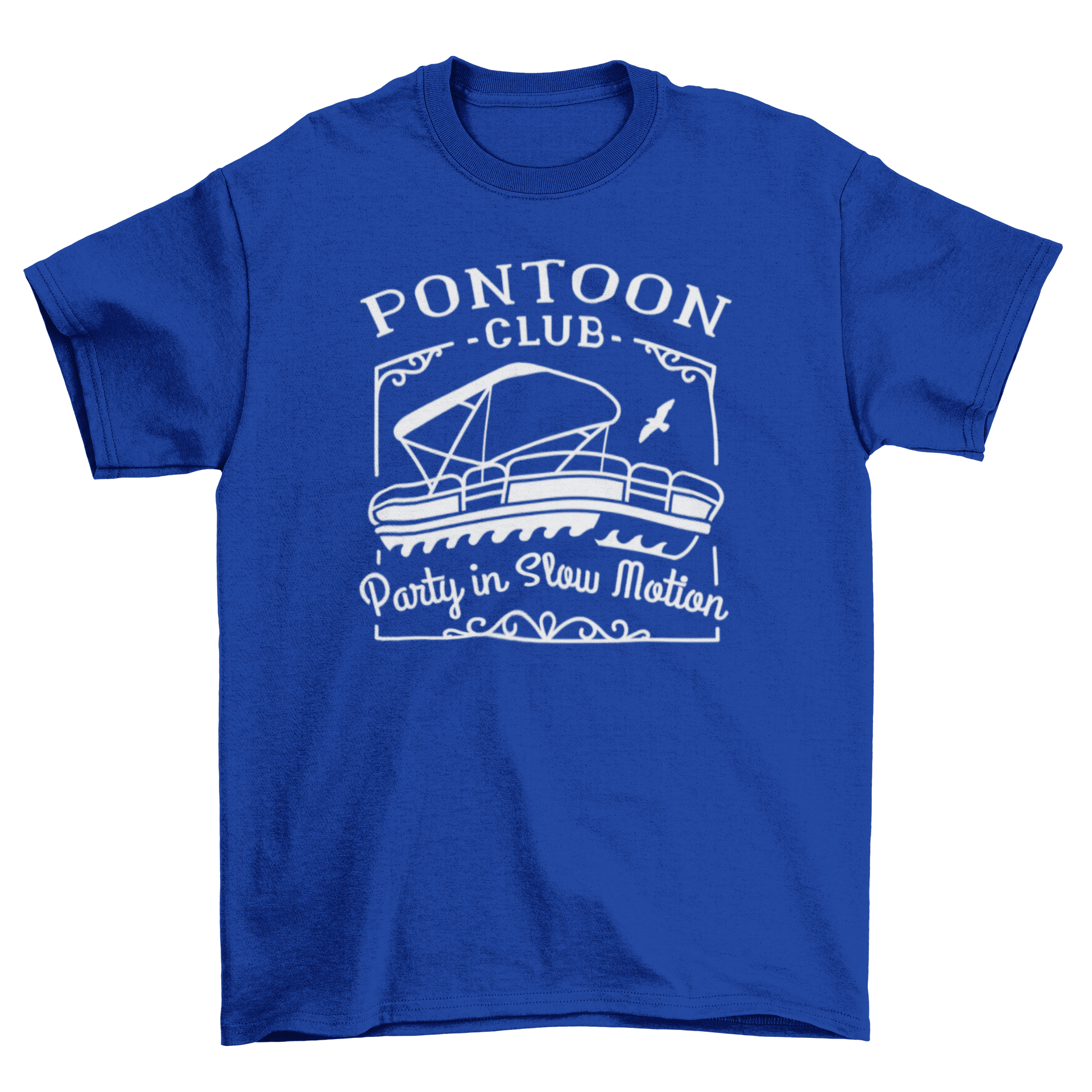 A vibrant t-shirt design featuring a boat and the quote 'Pontoon club party in slow motion', perfect for boating enthusiasts.