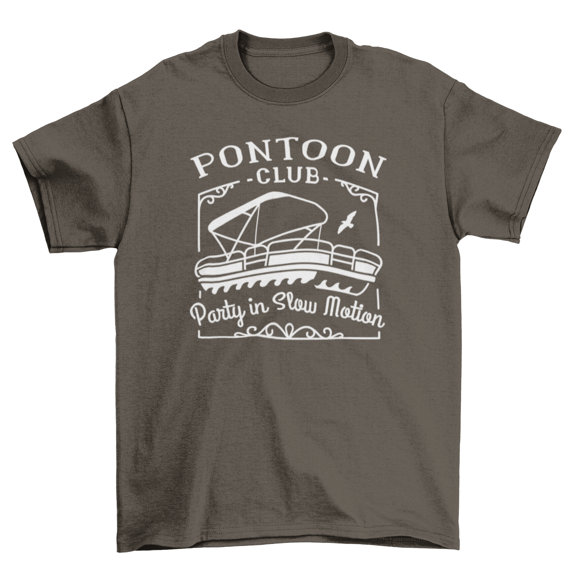 A vibrant t-shirt design featuring a boat and the quote 'Pontoon club party in slow motion', perfect for boating enthusiasts.