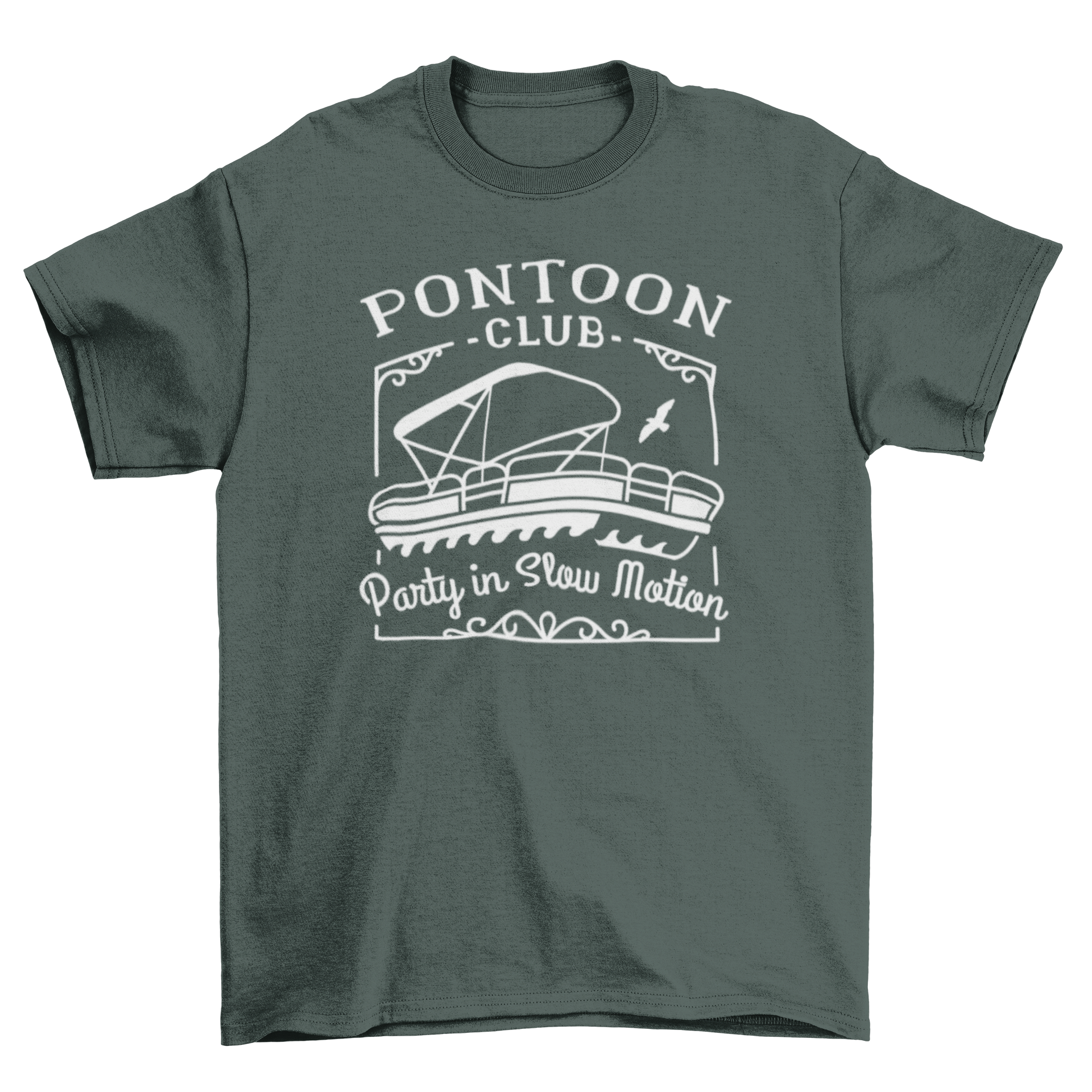 A vibrant t-shirt design featuring a boat and the quote 'Pontoon club party in slow motion', perfect for boating enthusiasts.