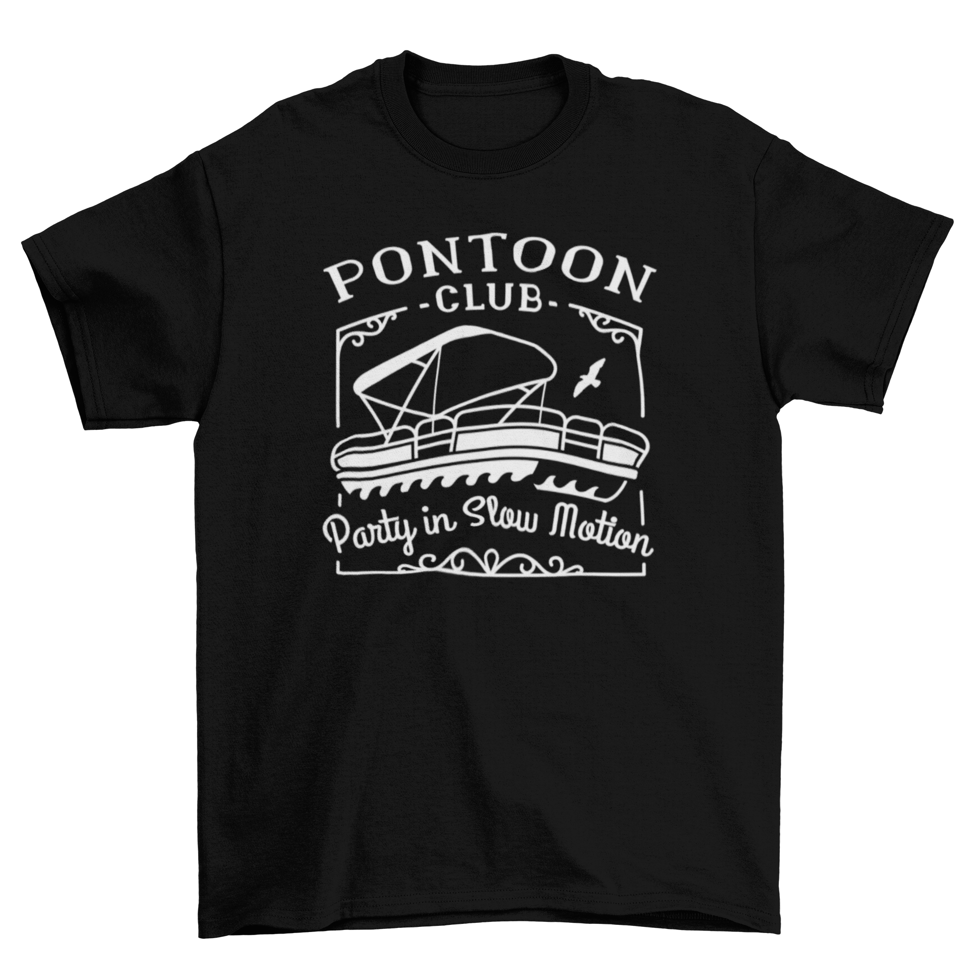 A vibrant t-shirt design featuring a boat and the quote 'Pontoon club party in slow motion', perfect for boating enthusiasts.