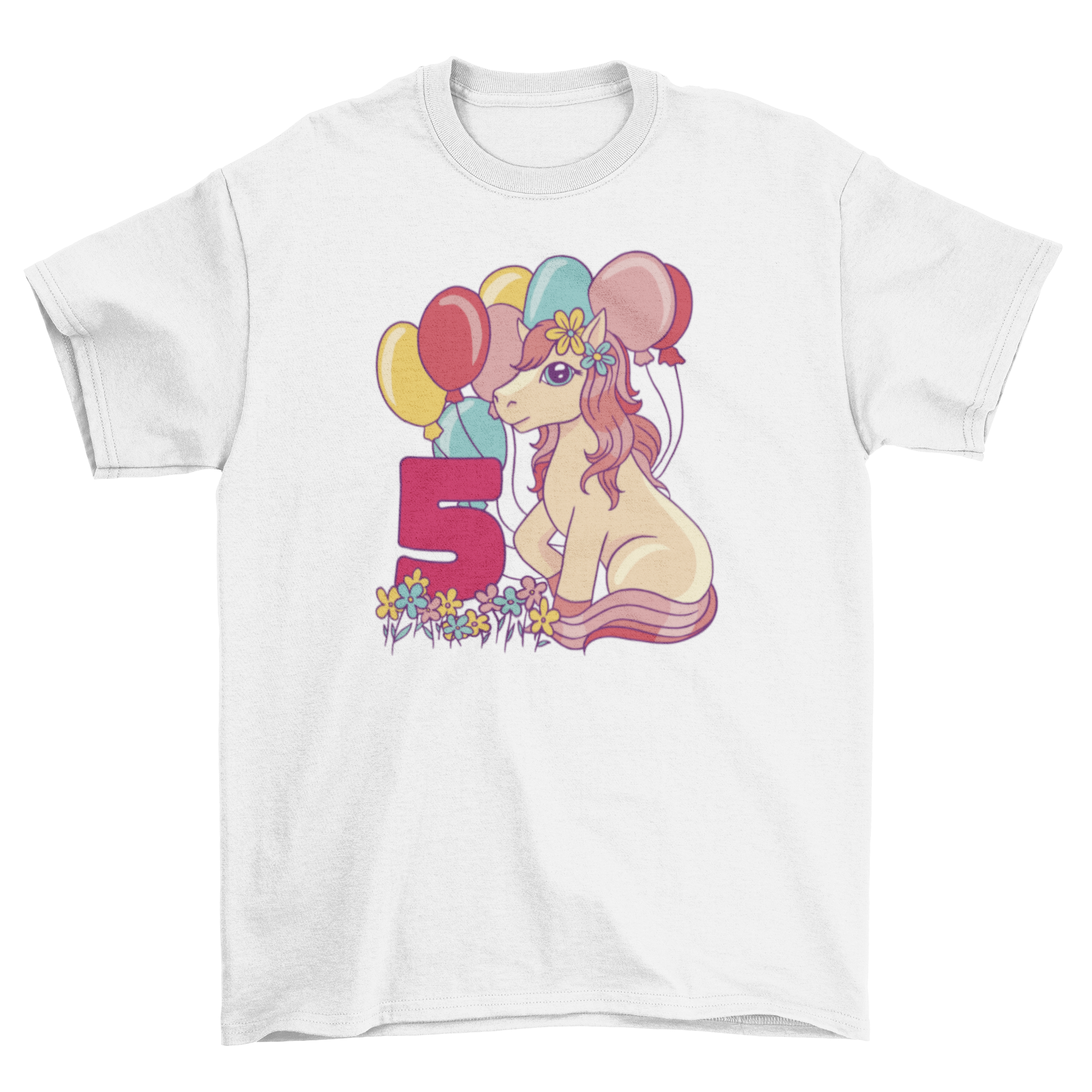 A colorful t-shirt featuring a pony, number 5, flowers, and balloons, perfect for a child's 5th birthday celebration.