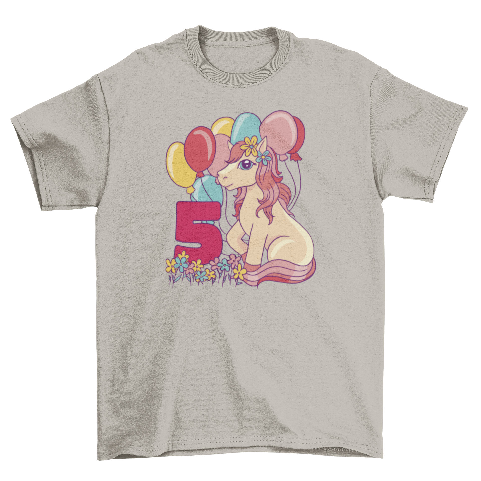 A colorful t-shirt featuring a pony, number 5, flowers, and balloons, perfect for a child's 5th birthday celebration.