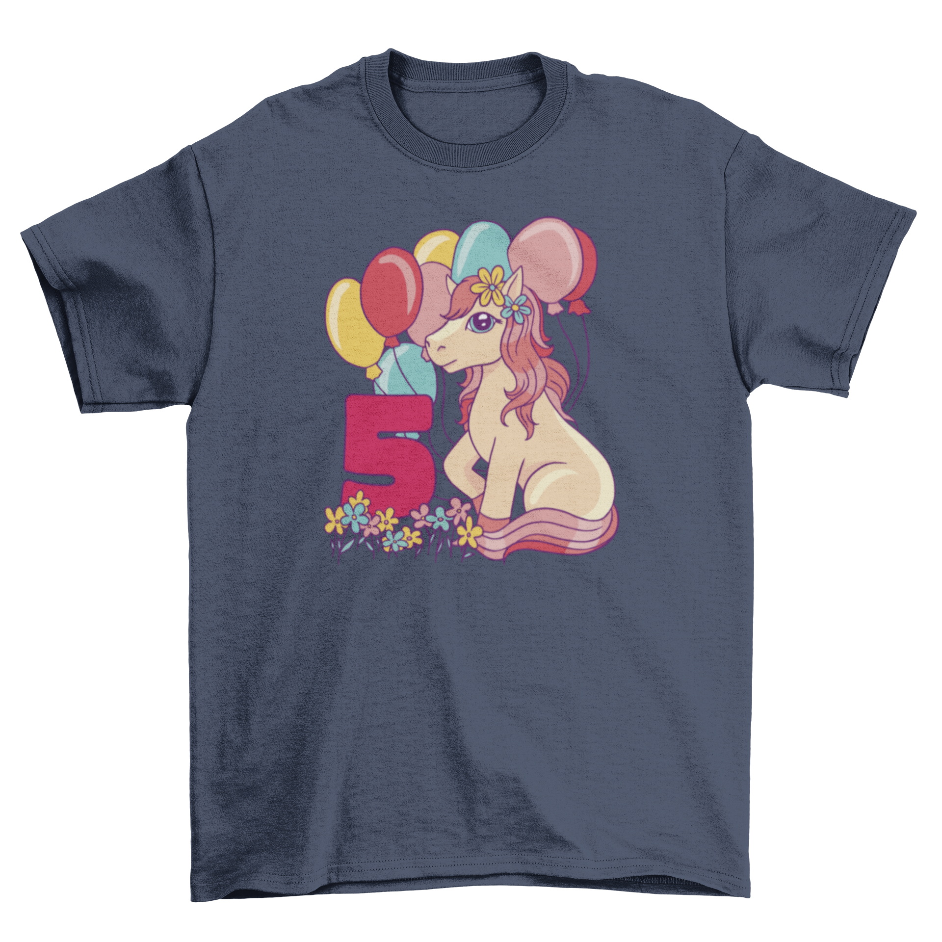 A colorful t-shirt featuring a pony, number 5, flowers, and balloons, perfect for a child's 5th birthday celebration.