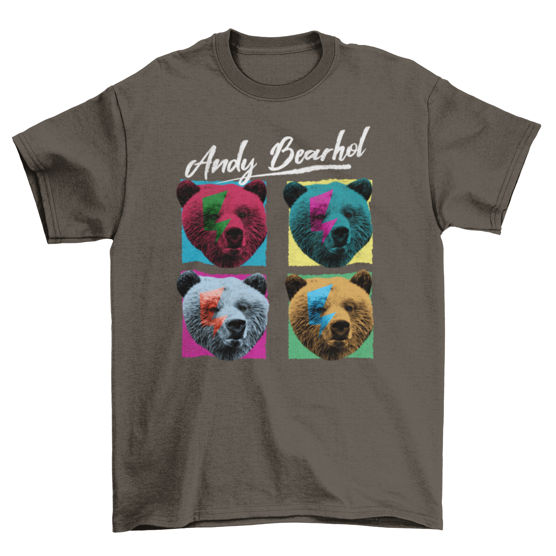 Pop art t-shirt featuring a bear's head and the quote 'Andy Bearhol' in vibrant colors.