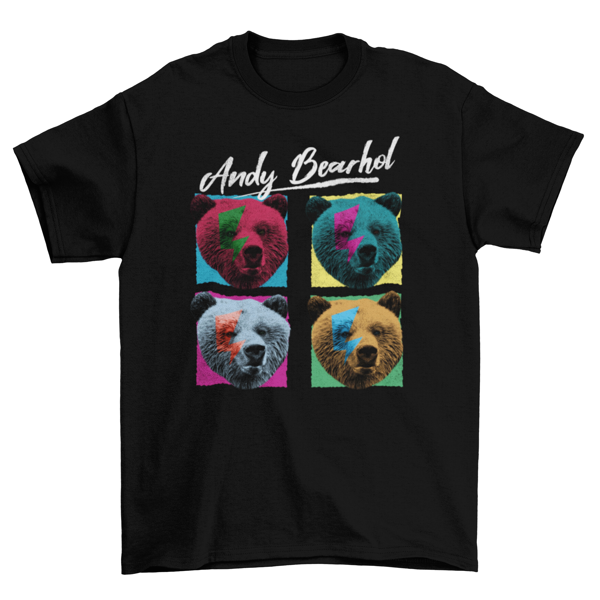 Pop art t-shirt featuring a bear's head and the quote 'Andy Bearhol' in vibrant colors.