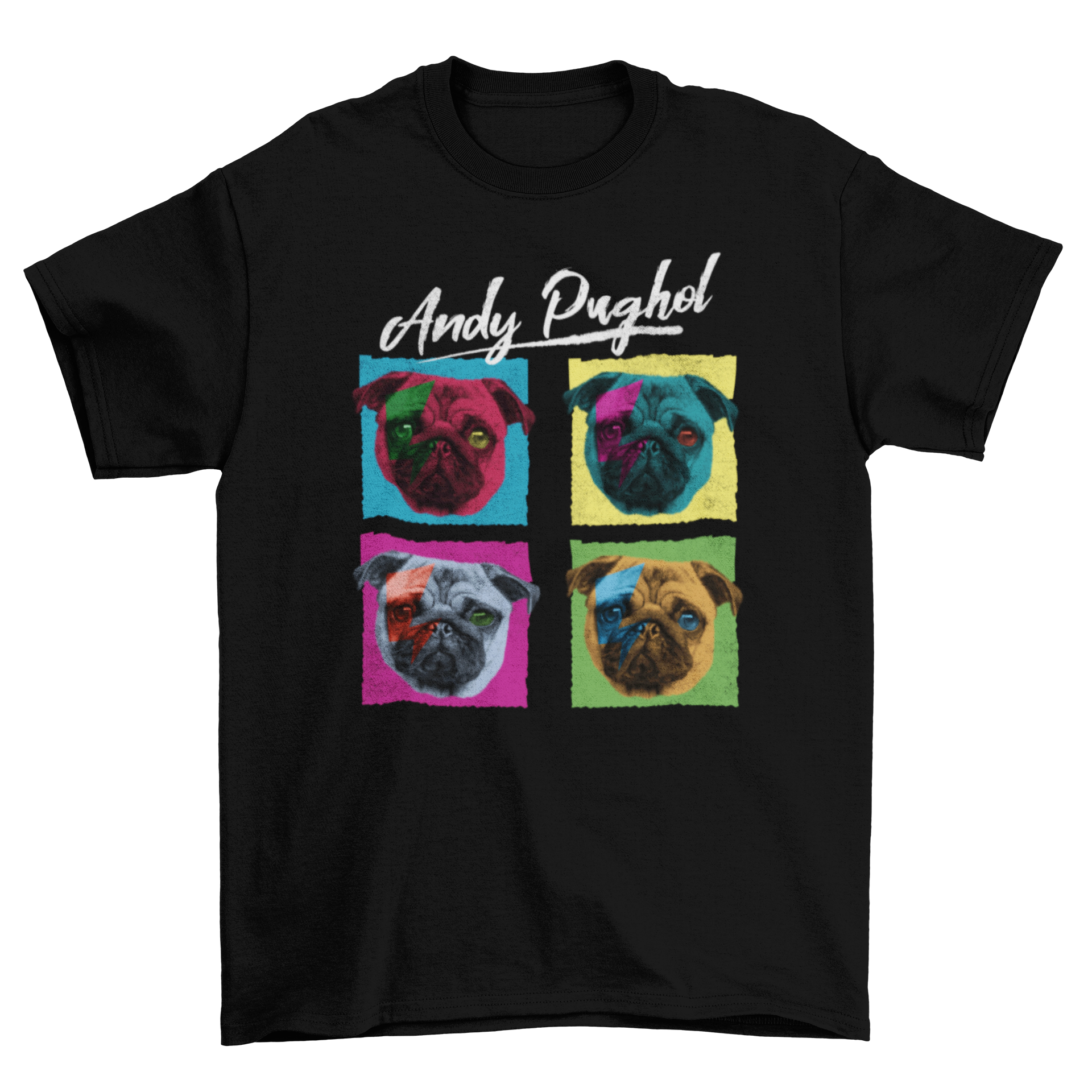 A colorful pop art t-shirt featuring four French bulldogs with the quote 'Andy Pughol'.