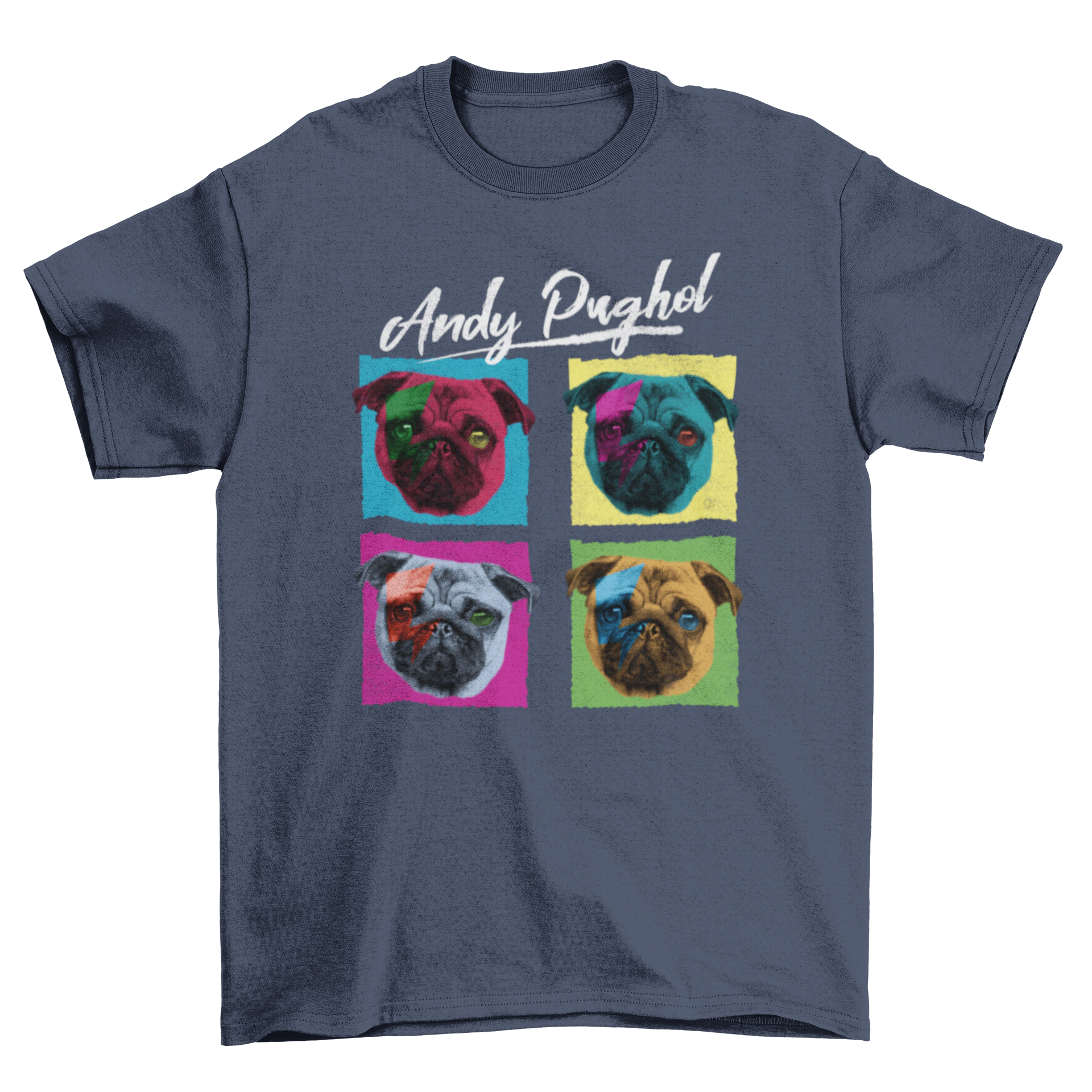 A colorful pop art t-shirt featuring four French bulldogs with the quote 'Andy Pughol'.