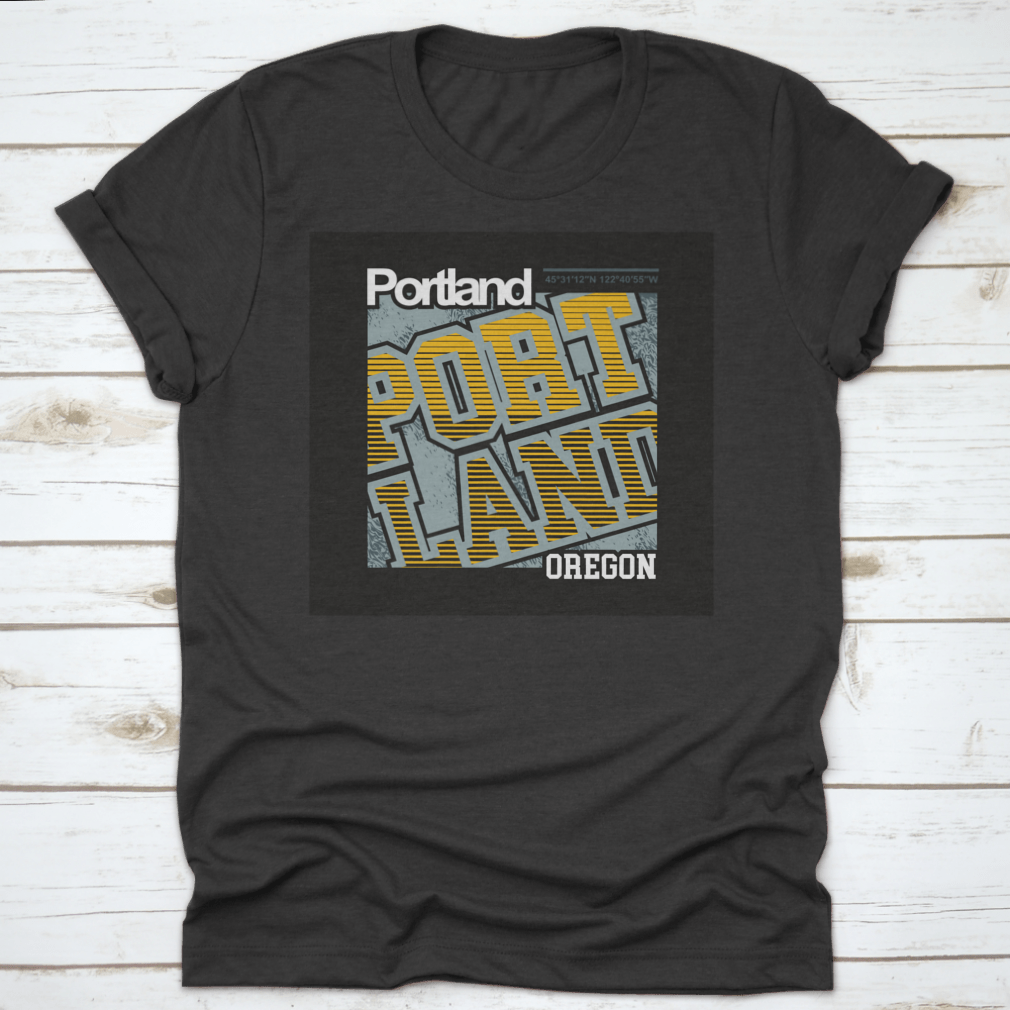 A stylish typographic T-shirt featuring the Portland Oregon Element of Men Fashion, showcasing a unique lettering design on a comfortable cotton fabric.