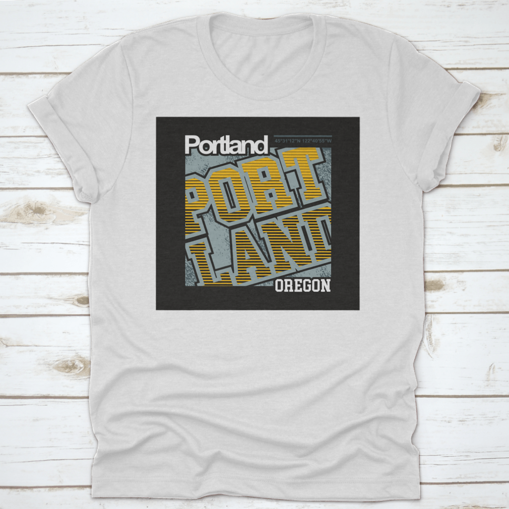 A stylish typographic T-shirt featuring the Portland Oregon Element of Men Fashion, showcasing a unique lettering design on a comfortable cotton fabric.