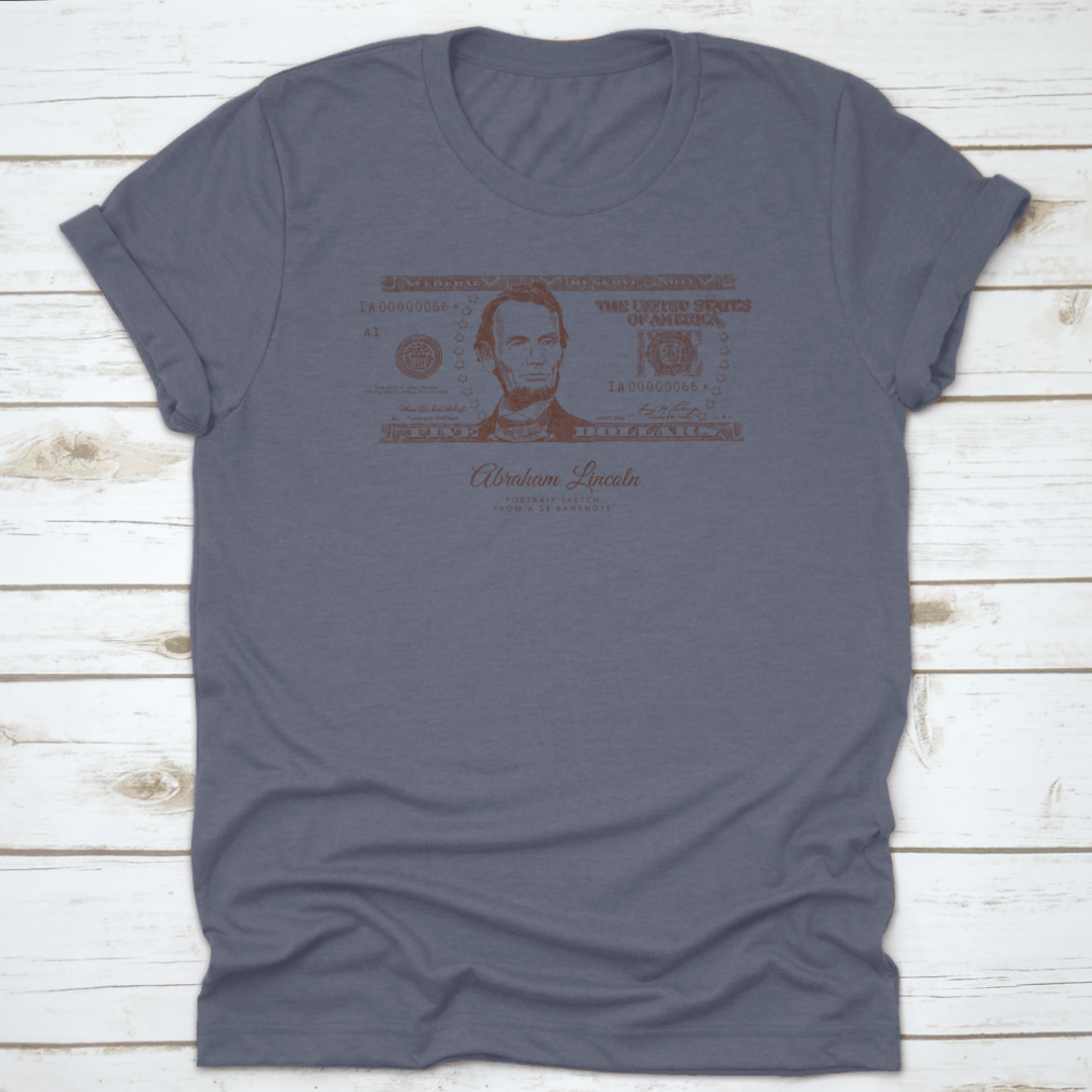 A classic fit t-shirt featuring a detailed engraving of Abraham Lincoln's portrait, made from 100% cotton for comfort.