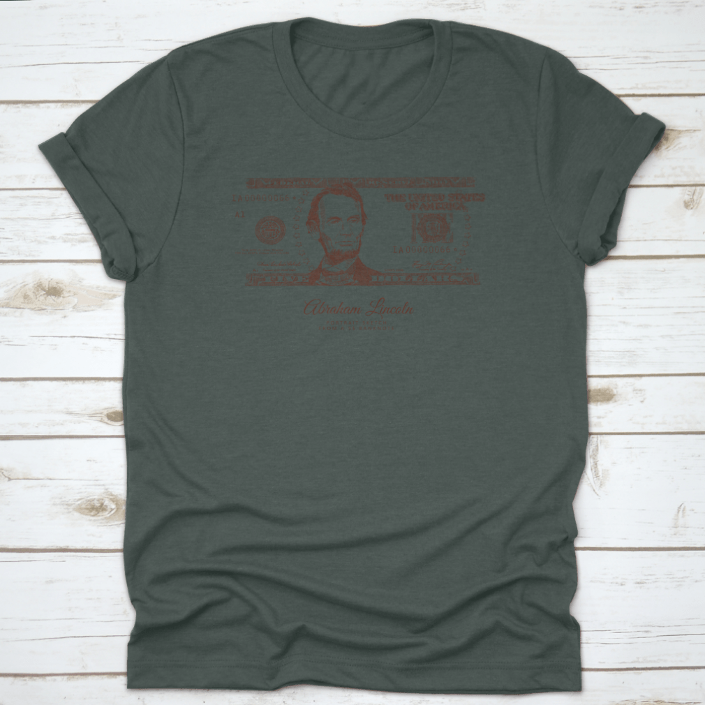 A classic fit t-shirt featuring a detailed engraving of Abraham Lincoln's portrait, made from 100% cotton for comfort.